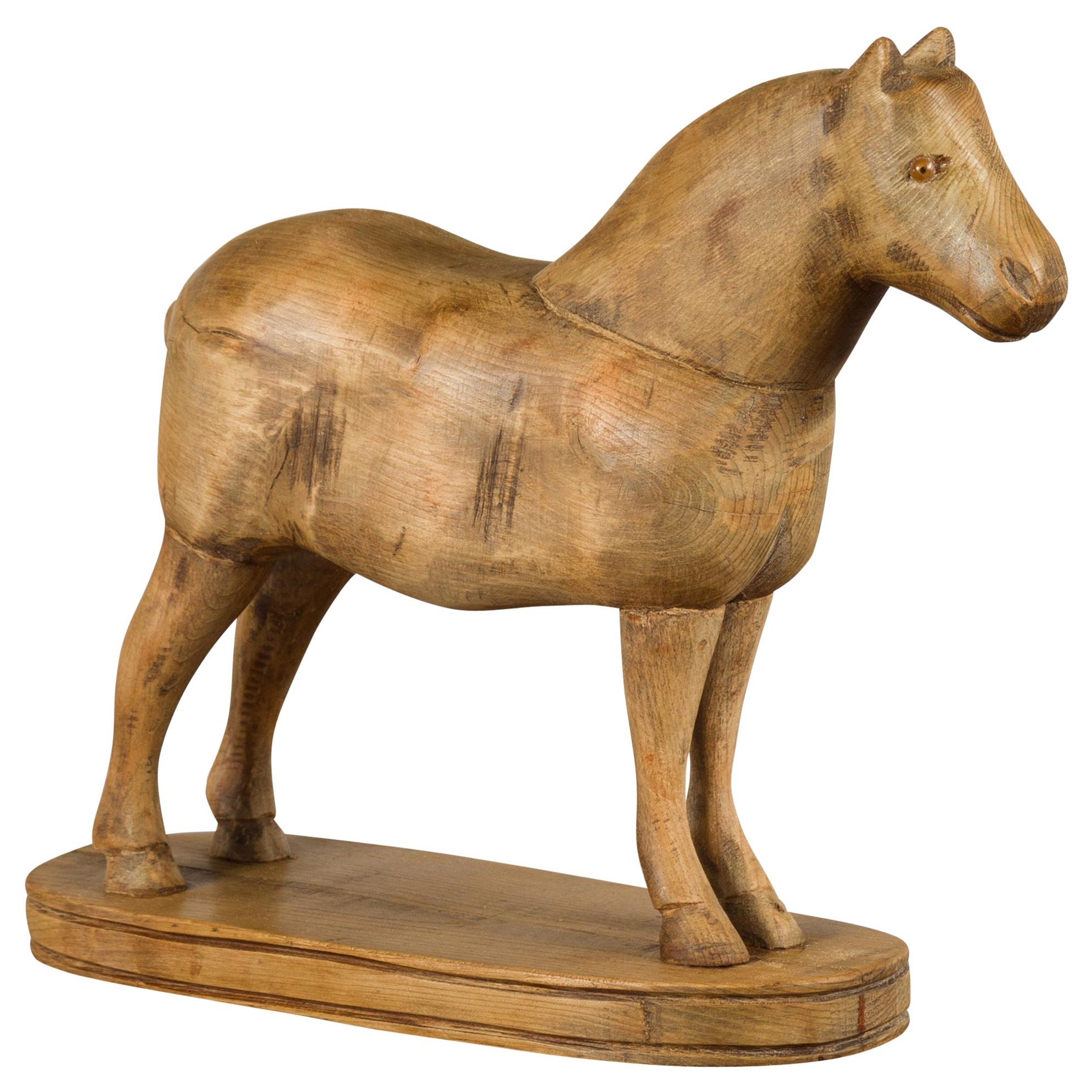 Small English Turn of the Century Carved Pine Horse on Oval Base For Sale