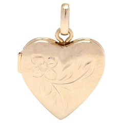 Vintage Small Engraved Heart Locket Pendant, 14K Yellow Gold, Length 5/8 Inch, Small 