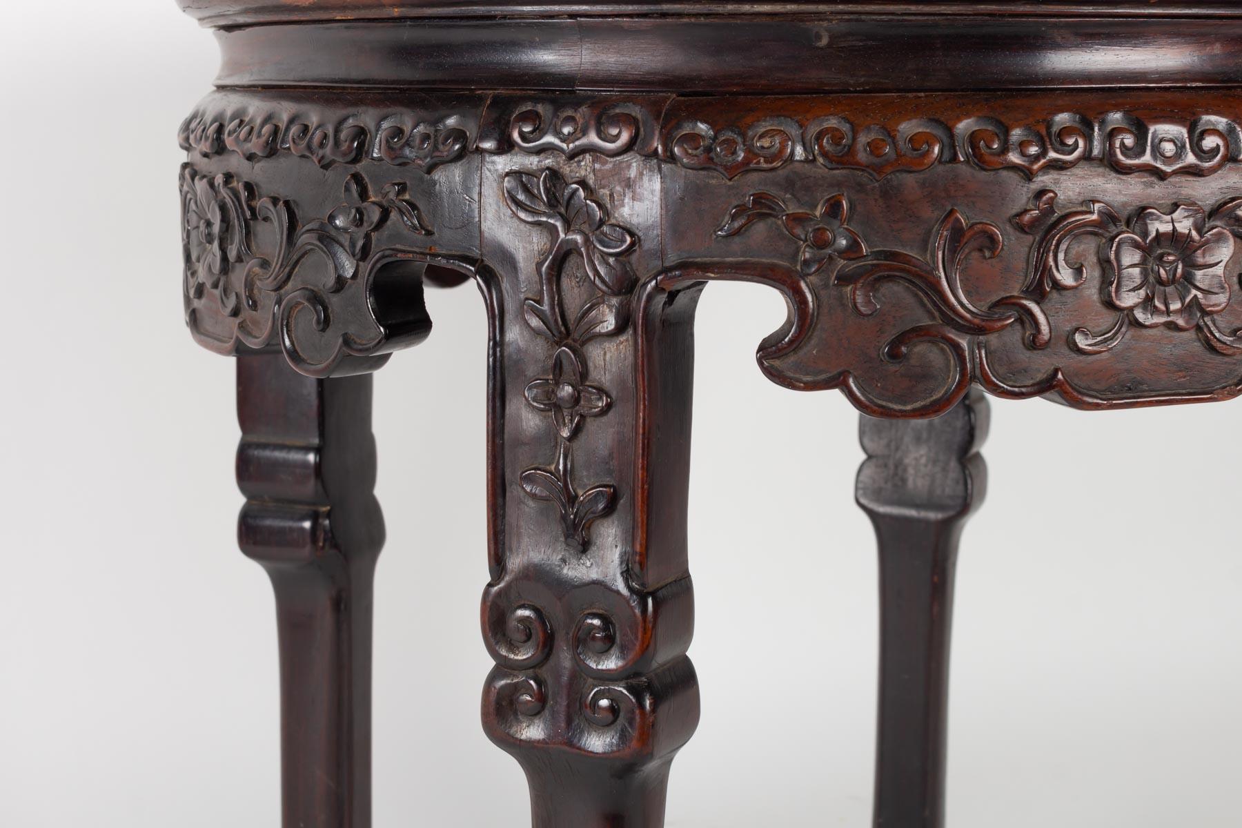Chinese Small Exotic Wooden Table Very Dense Carved with Floral Patterns, China