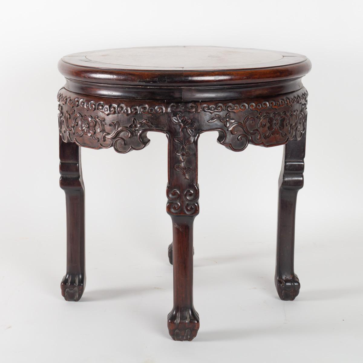 Marble Small Exotic Wooden Table Very Dense Carved with Floral Patterns, China