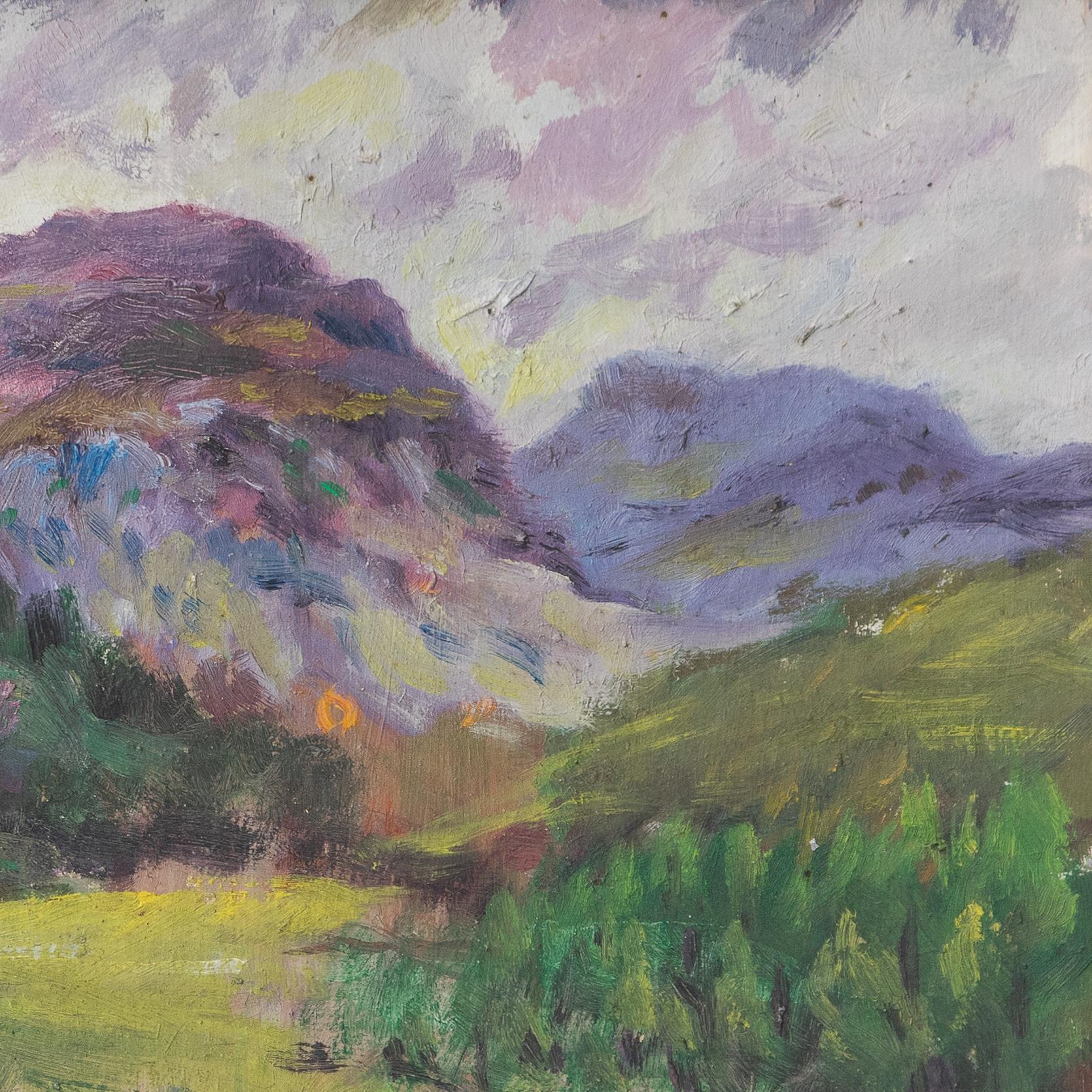 Expressionistische rurale Vintage-Landschaft, Original-Ölgemälde, Mid-Century (Gemalt) im Angebot