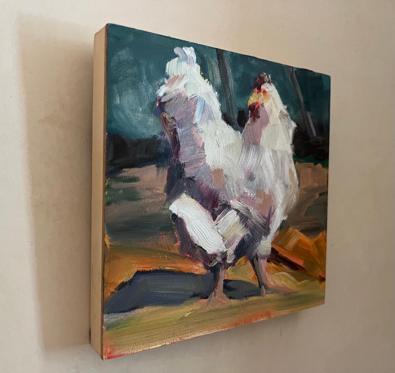 Gen Zorich is a Sonoma County California artist creating contemporary and expressive art. The painting is on wood, measures 6 x 6  and is titled Happy Hen.