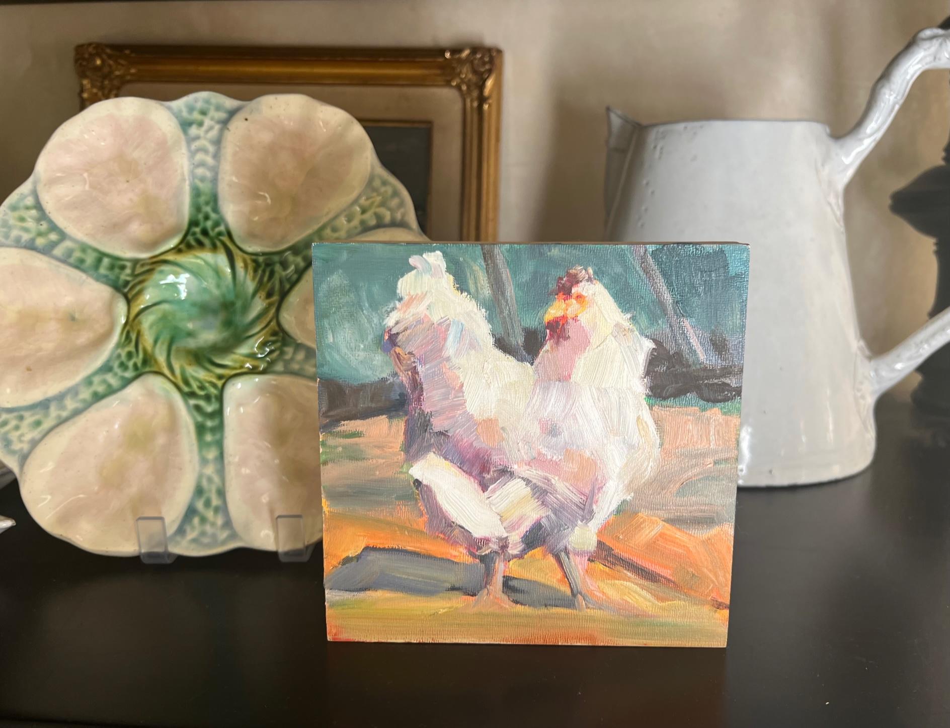 Modern Small Figurative Hen Painting on Wood by Gen Zorich For Sale
