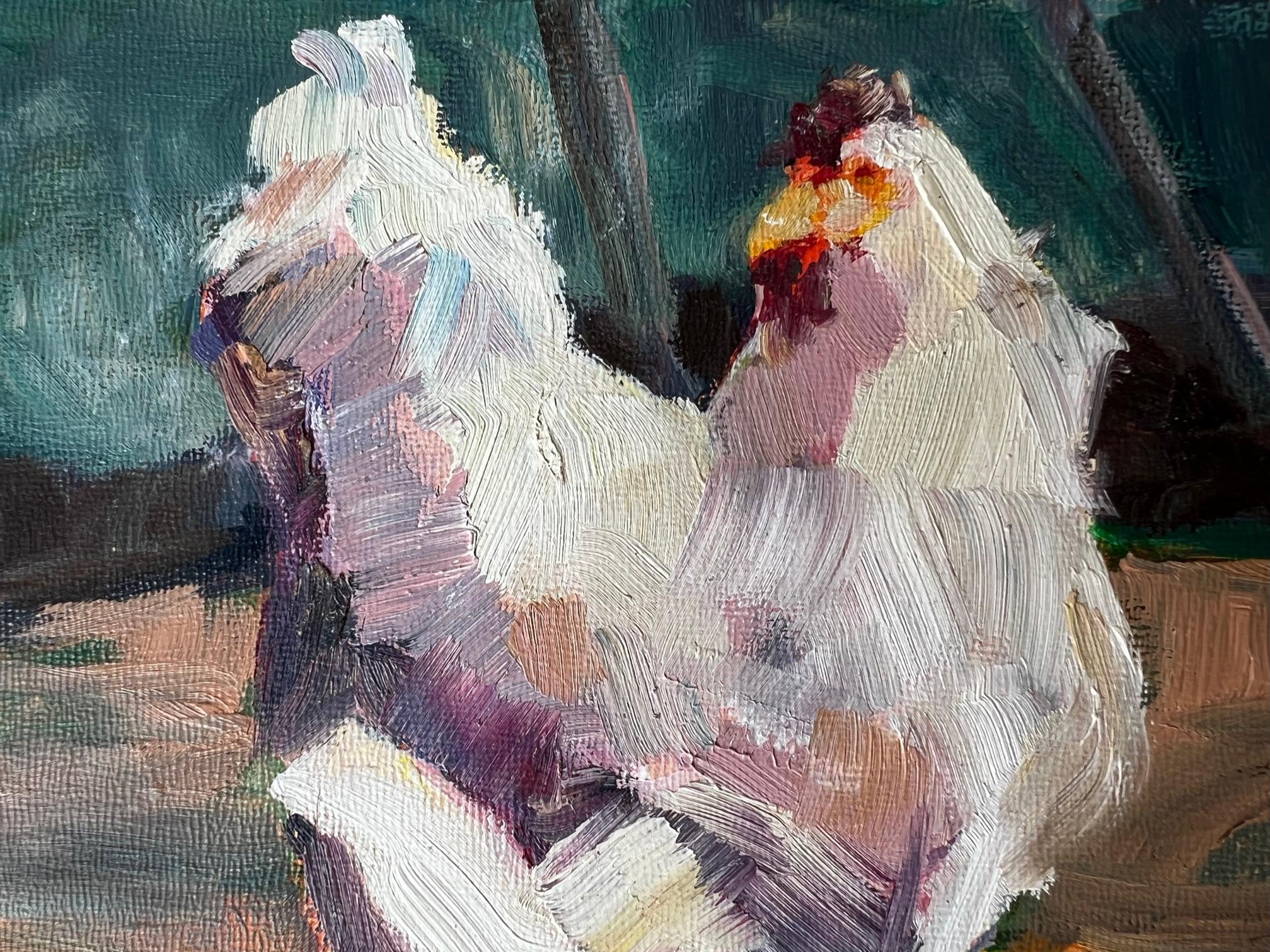American Small Figurative Hen Painting on Wood by Gen Zorich For Sale