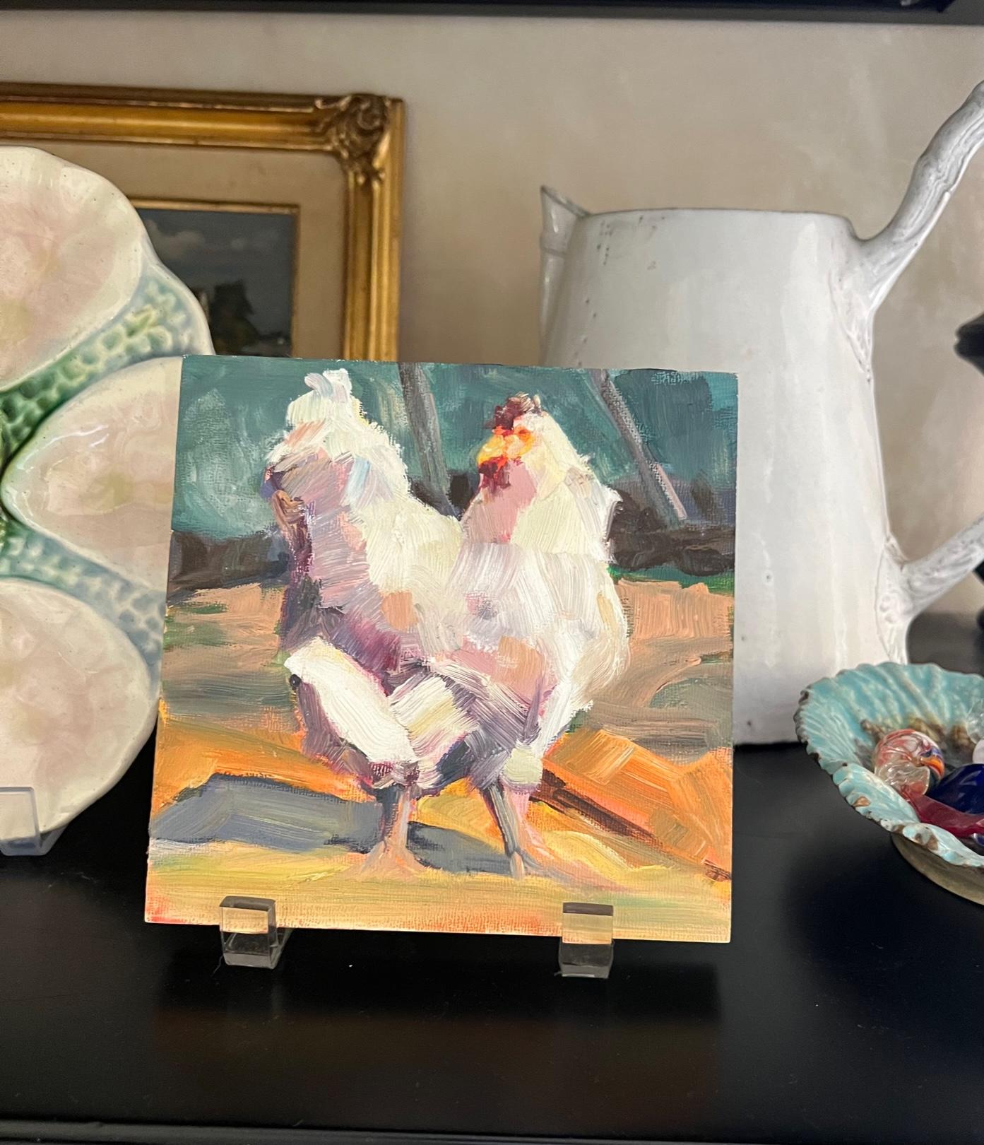 Hand-Painted Small Figurative Hen Painting on Wood by Gen Zorich For Sale