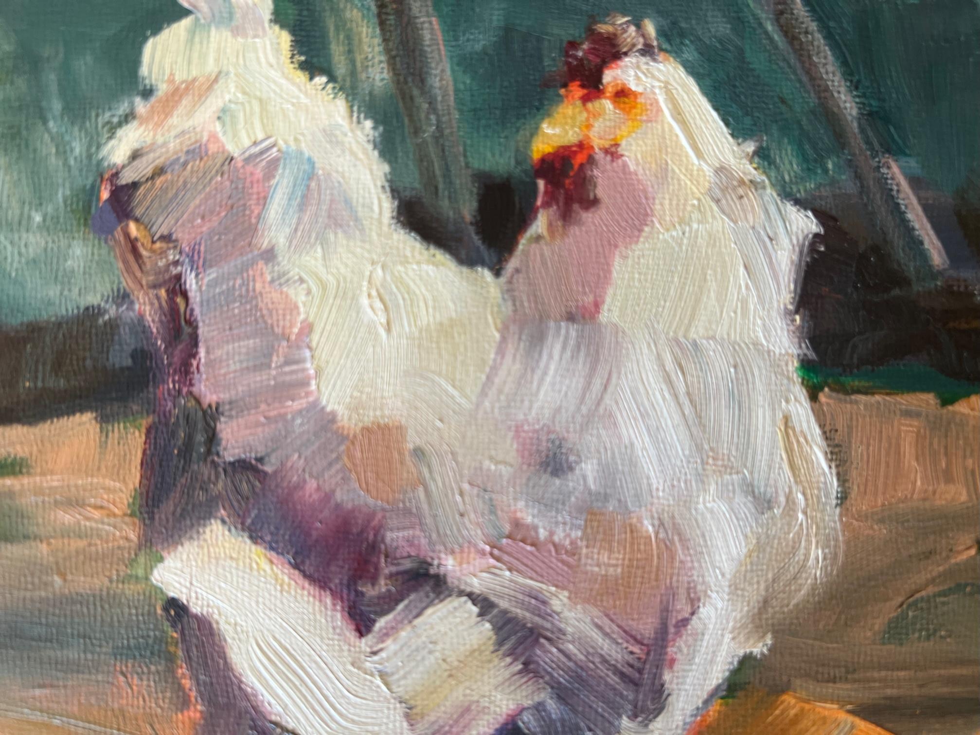 Contemporary Small Figurative Hen Painting on Wood by Gen Zorich For Sale