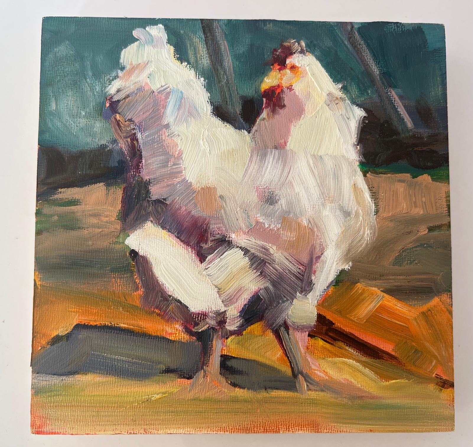 Small Figurative Hen Painting on Wood by Gen Zorich For Sale 1