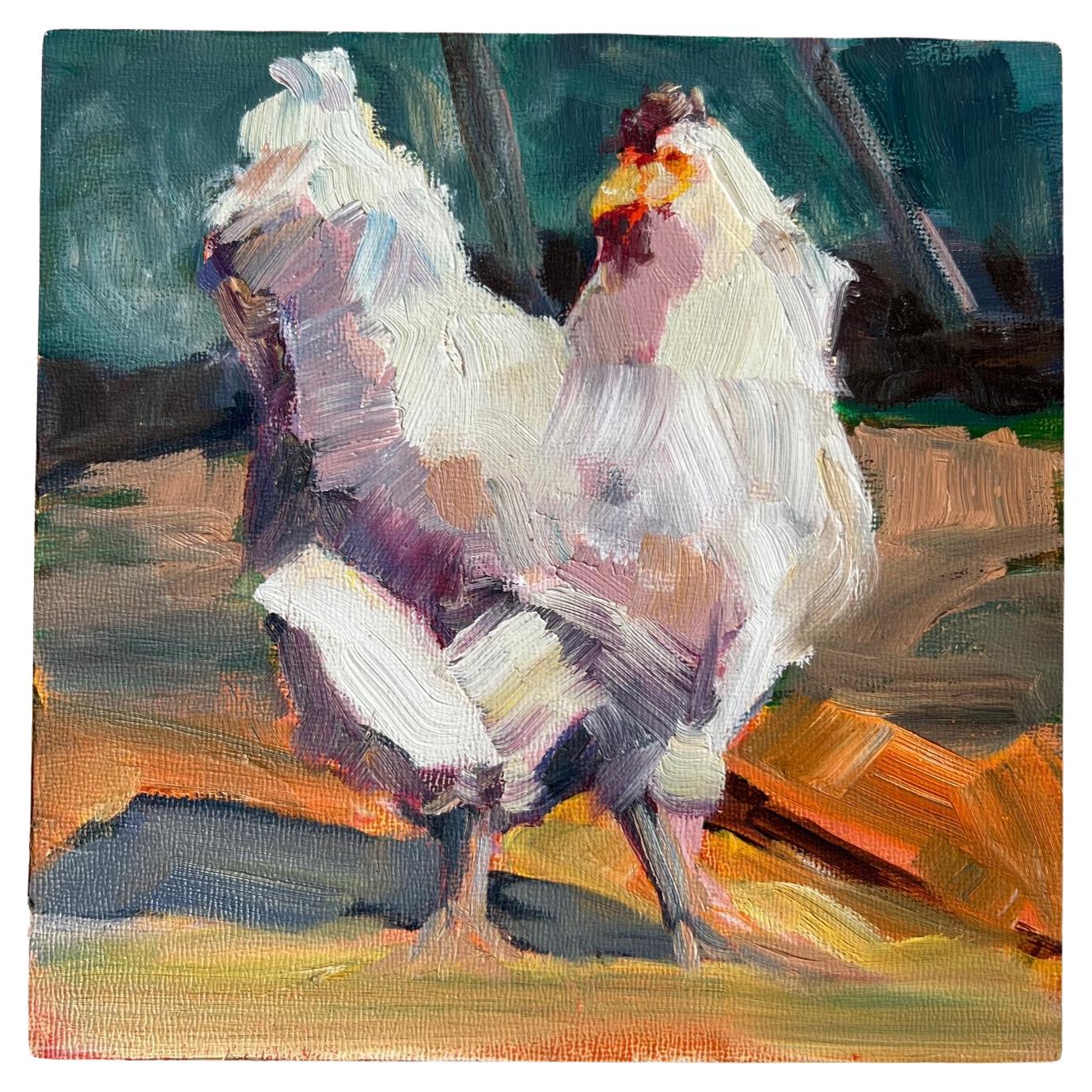 Small Figurative Hen Painting on Wood by Gen Zorich For Sale