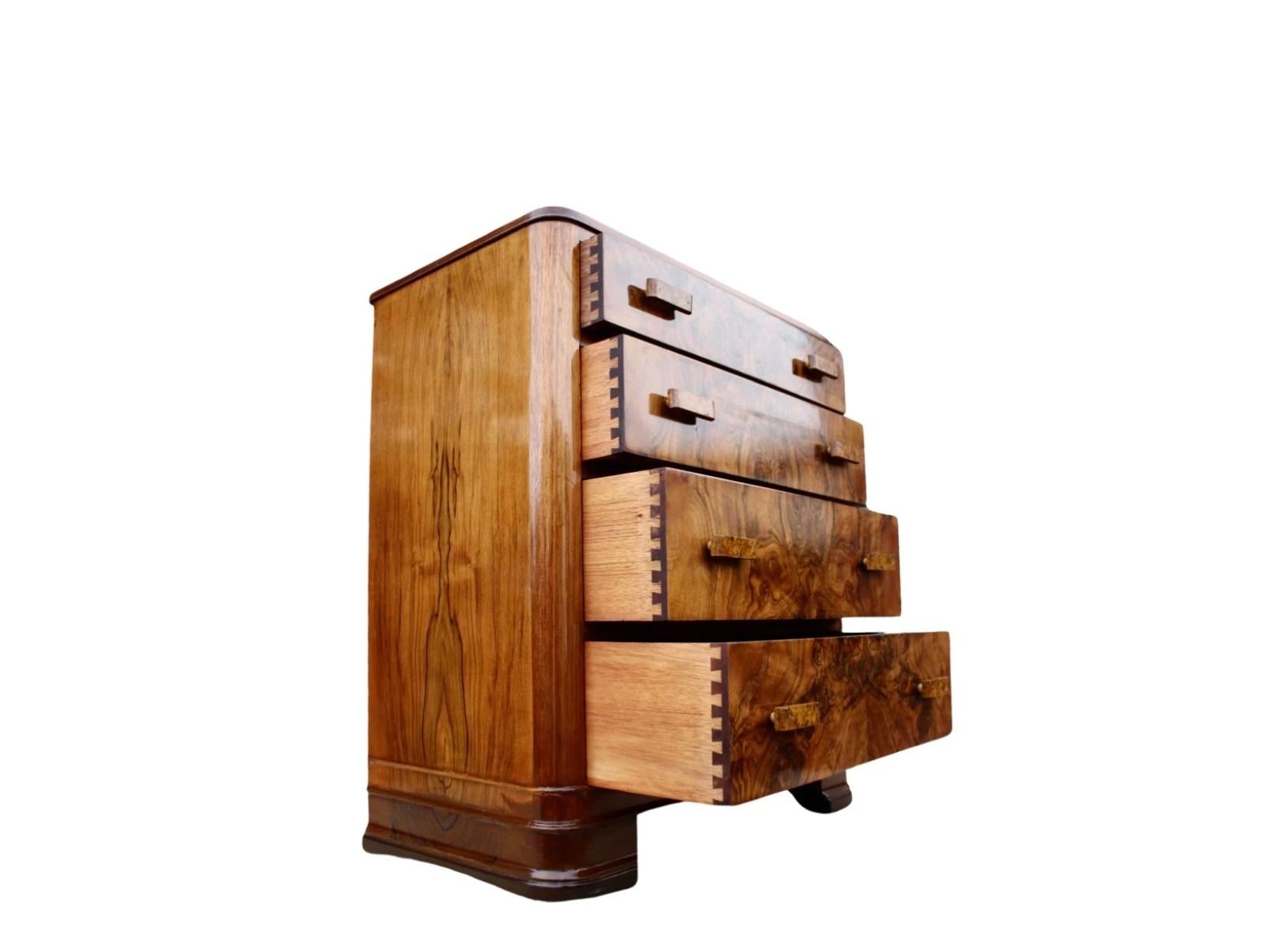 European Small Figured Walnut Art Deco Chest of Drawers