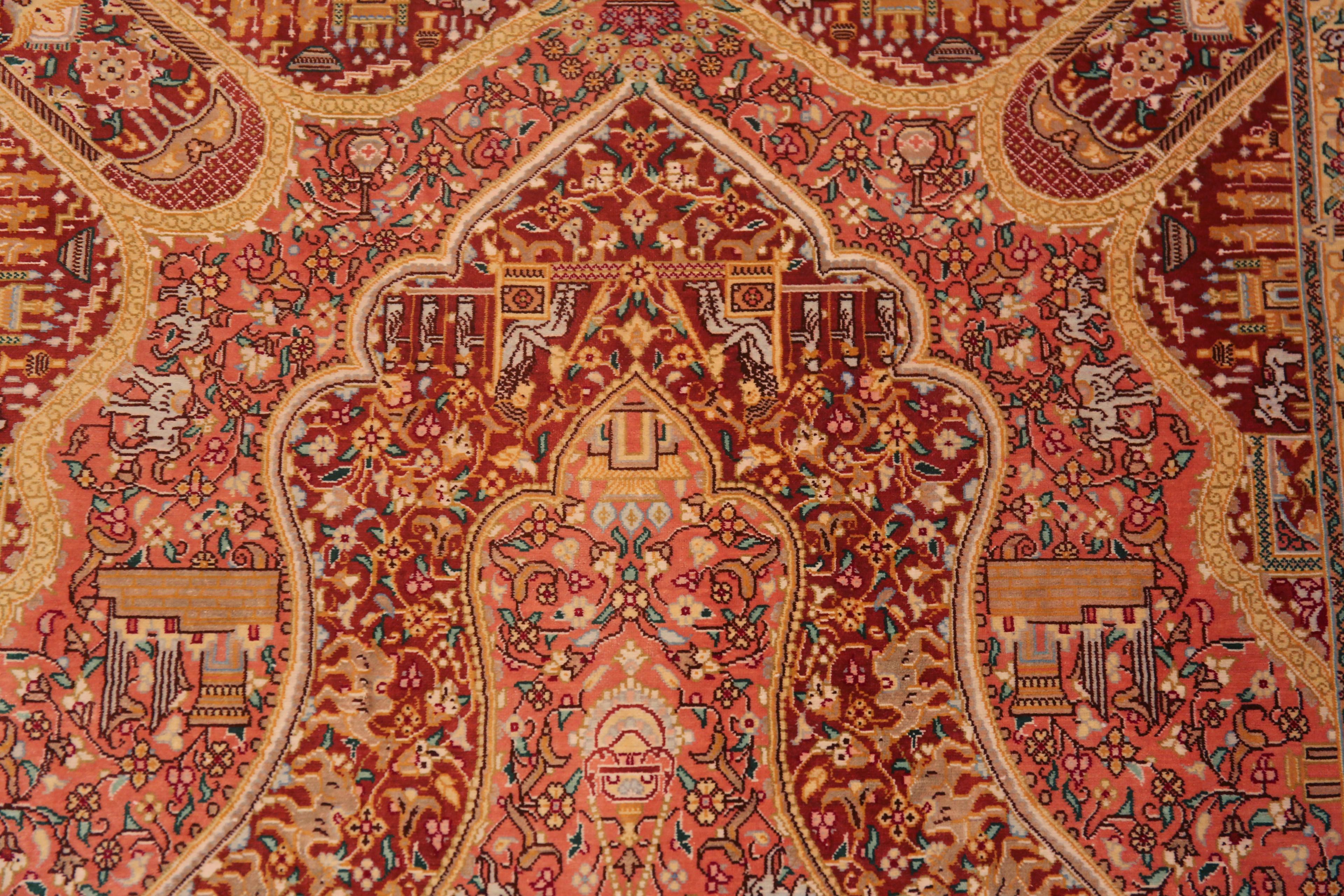 Extremely Impressive Small Fine Artistic Luxurious Silk Pile Vintage Persian Animal Design Qum Rug, country of origin: Persian Rugs, Circa date: Vintage