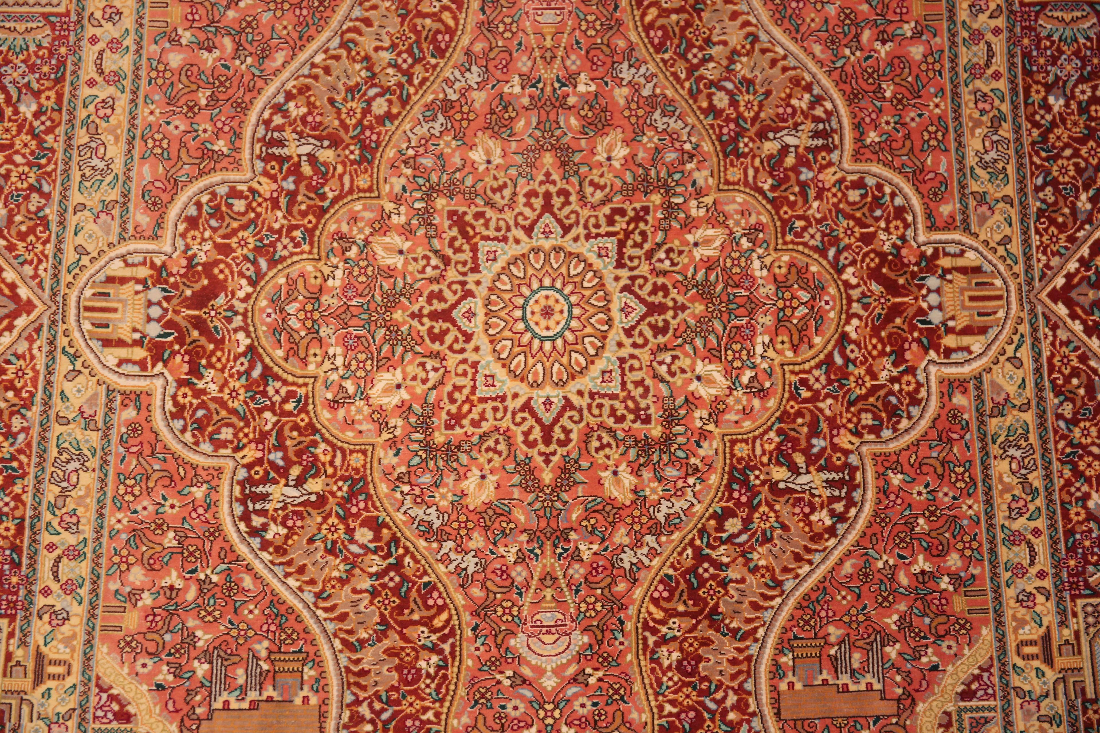 Hand-Knotted Small Fine Luxurious Silk Pile Vintage Persian Animal Qum Rug 3'3