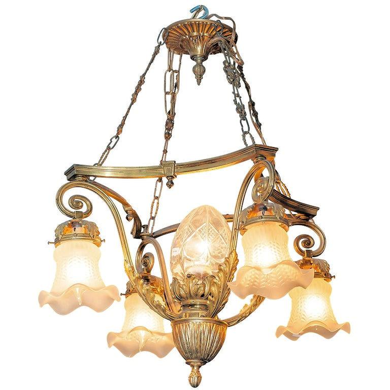 20th Century Small Five-Light Gilt Bronze Louis XV Style Chandelier For Sale