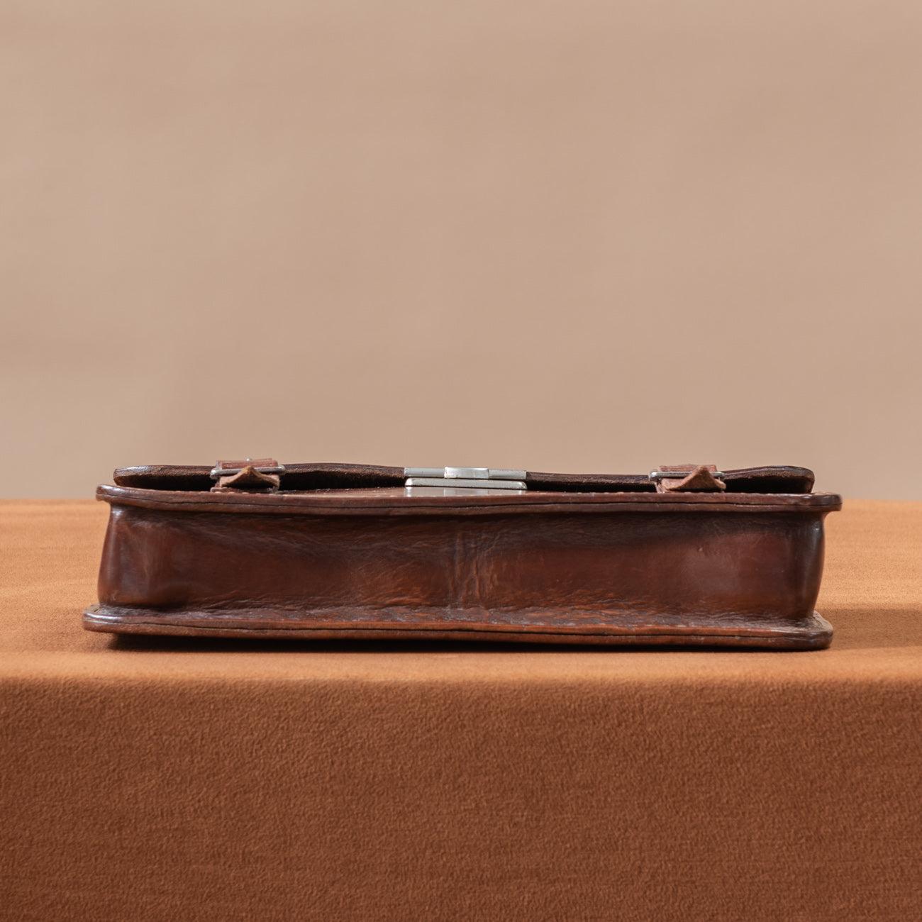Small Flap-over Dark Brown Leather Briefcase, circa 1950 In Good Condition For Sale In London, GB
