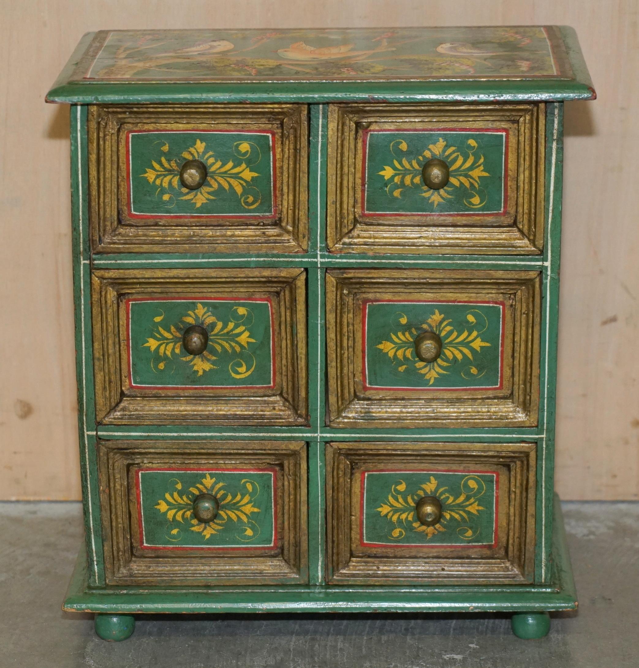 French Provincial SMALL FLORAL & BIRD HAND PAINTED GREEN SIDE END LAMP WINE TABLE CHEST OF DRAWERs For Sale