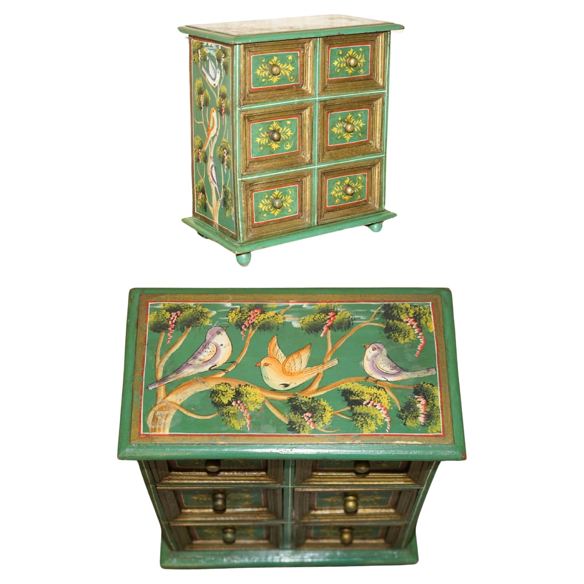 SMALL FLORAL & BIRD HAND PAINTED GREEN SIDE END LAMP WINE TABLE CHEST OF DRAWERs