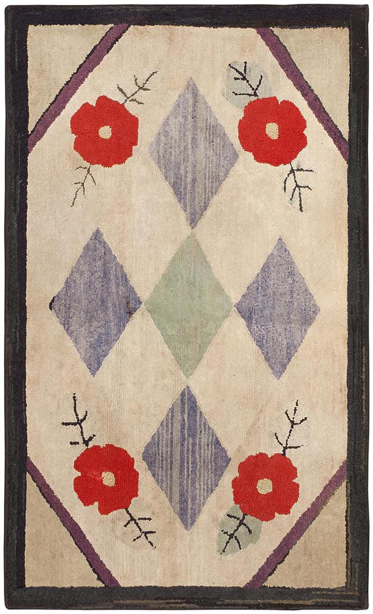 Small Floral Geometric Pattern Antique Hooked American Rug, Country of Origin: America, Circa Date: Early 20th Century