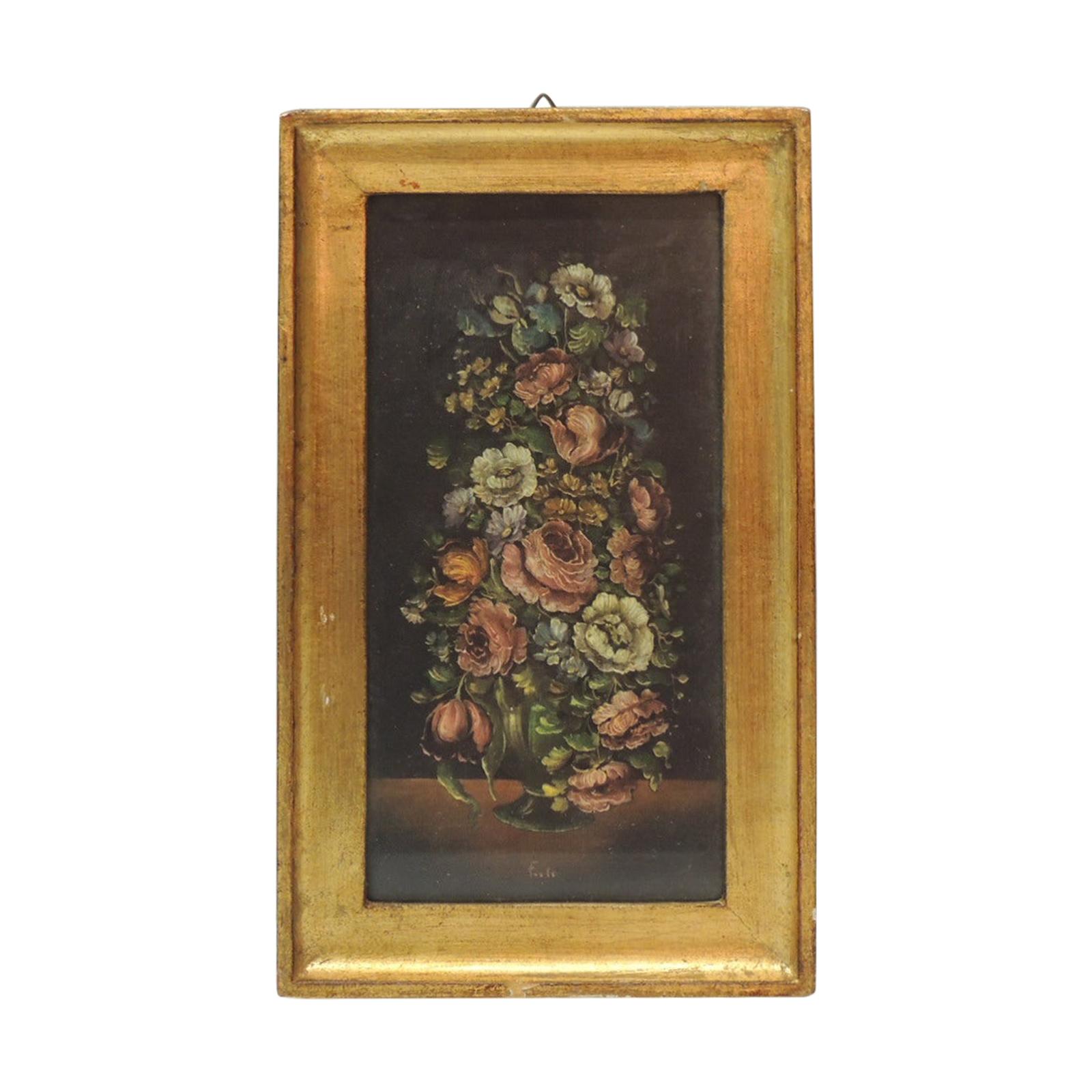 Petite peinture florentine encadrée "École flamande de fleurs"