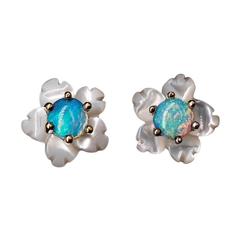 Small Flower Australian Solid Opal & Mother of Pearl Stud Earrings 14K