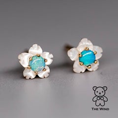 Small Flower Australian Solid Opal & Mother of Pearl Stud Earrings 14K Yellow