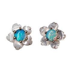Small Flower Australian Solid Opal & Mother of Pearl Stud Earrings 14K Yellow