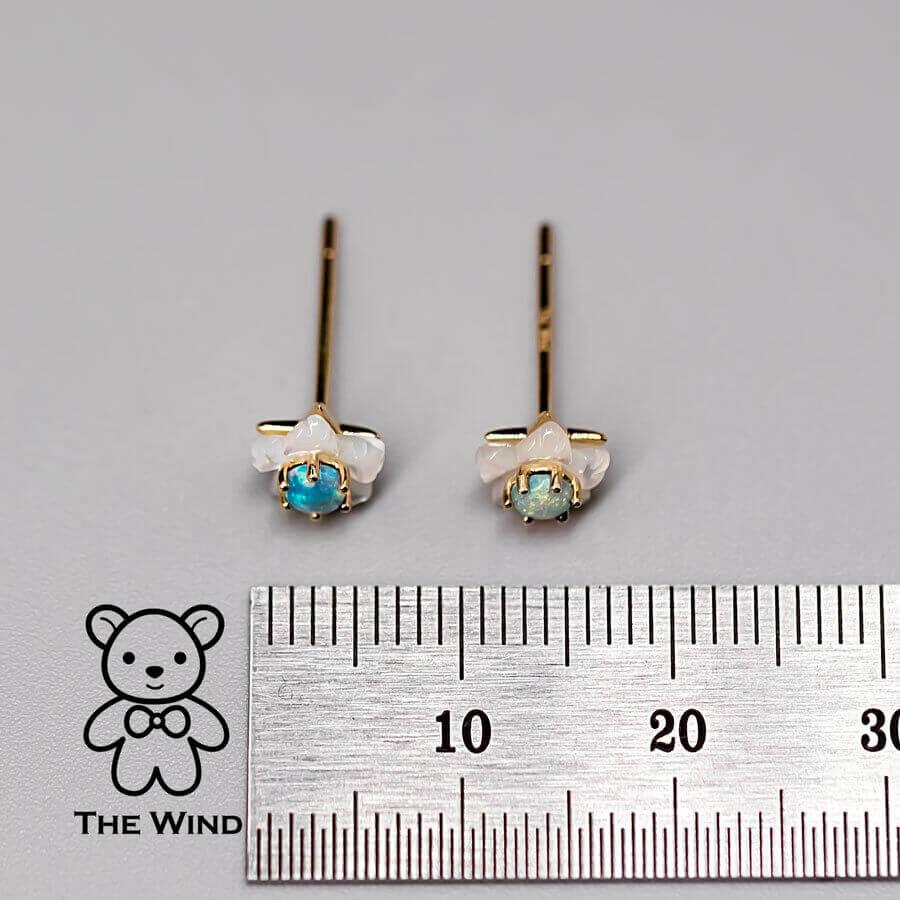 Women's or Men's Small Flower Australian Solid Opal & Mother of Pearl Stud Earrings 18K Yellow Go For Sale