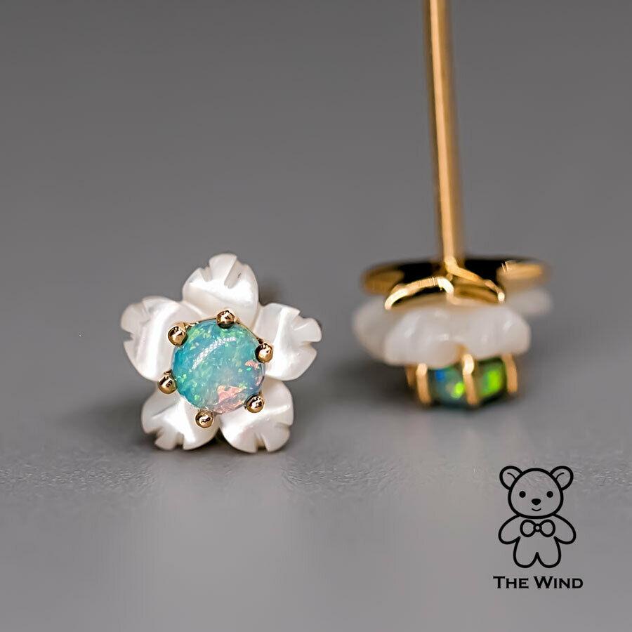 Women's or Men's Small Flower Australian Solid Opal & Mother of Pearl Stud Earrings 18K Yellow Go For Sale