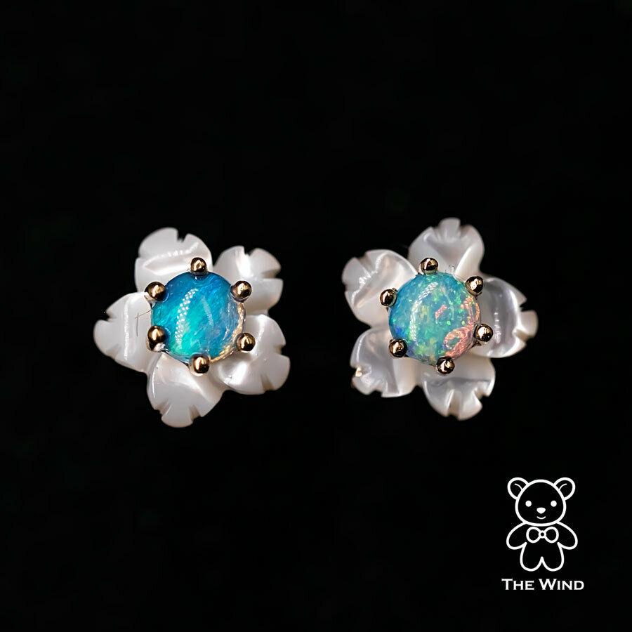 Brilliant Cut Small Flower Australian Solid Opal & Mother of Pearl Stud Earrings 18K Yellow Go For Sale