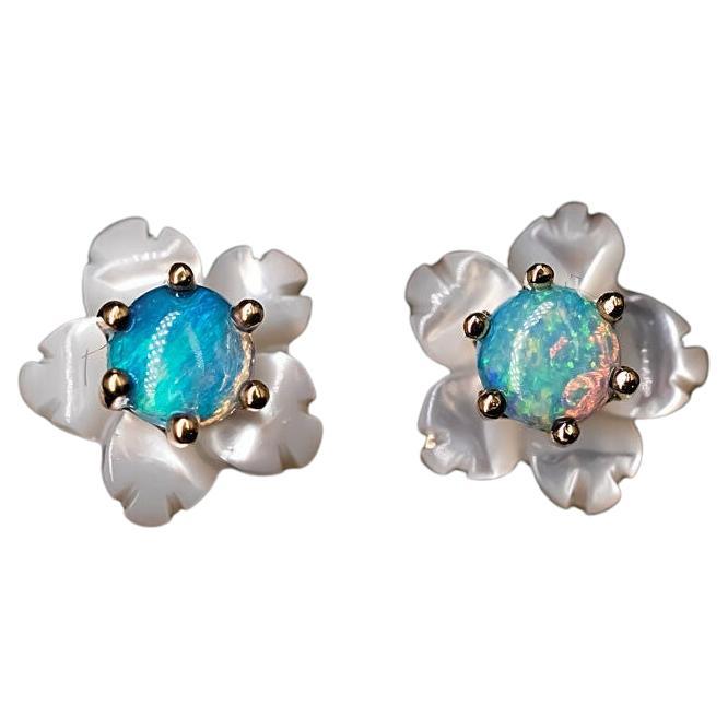 Small Flower Australian Solid Opal & Mother of Pearl Stud Earrings 18K Yellow Go
