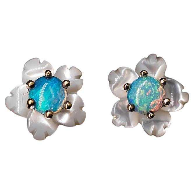 Small Flower Australian Solid Opal & Mother of Pearl Stud Earrings 18K Yellow Go For Sale