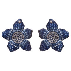 Small Flower Earrings - 18kt Gold, Titanium, Diamond, Blue Sapphire & Aquamarine