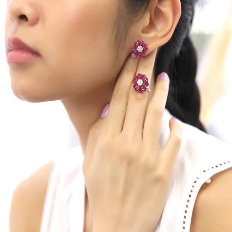 Small Flower Invisible Ruby Earring Ring Set For Sale 1