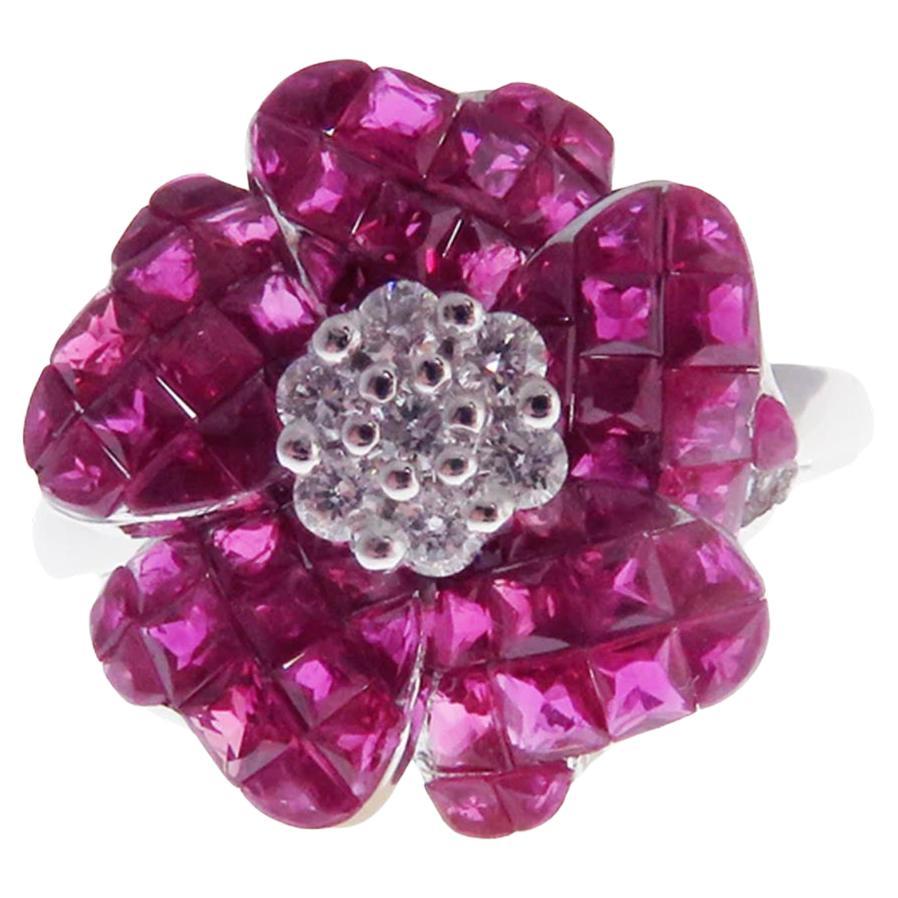 Kleine Blume Unsichtbarer Rubin-Ohrring Ring-Set