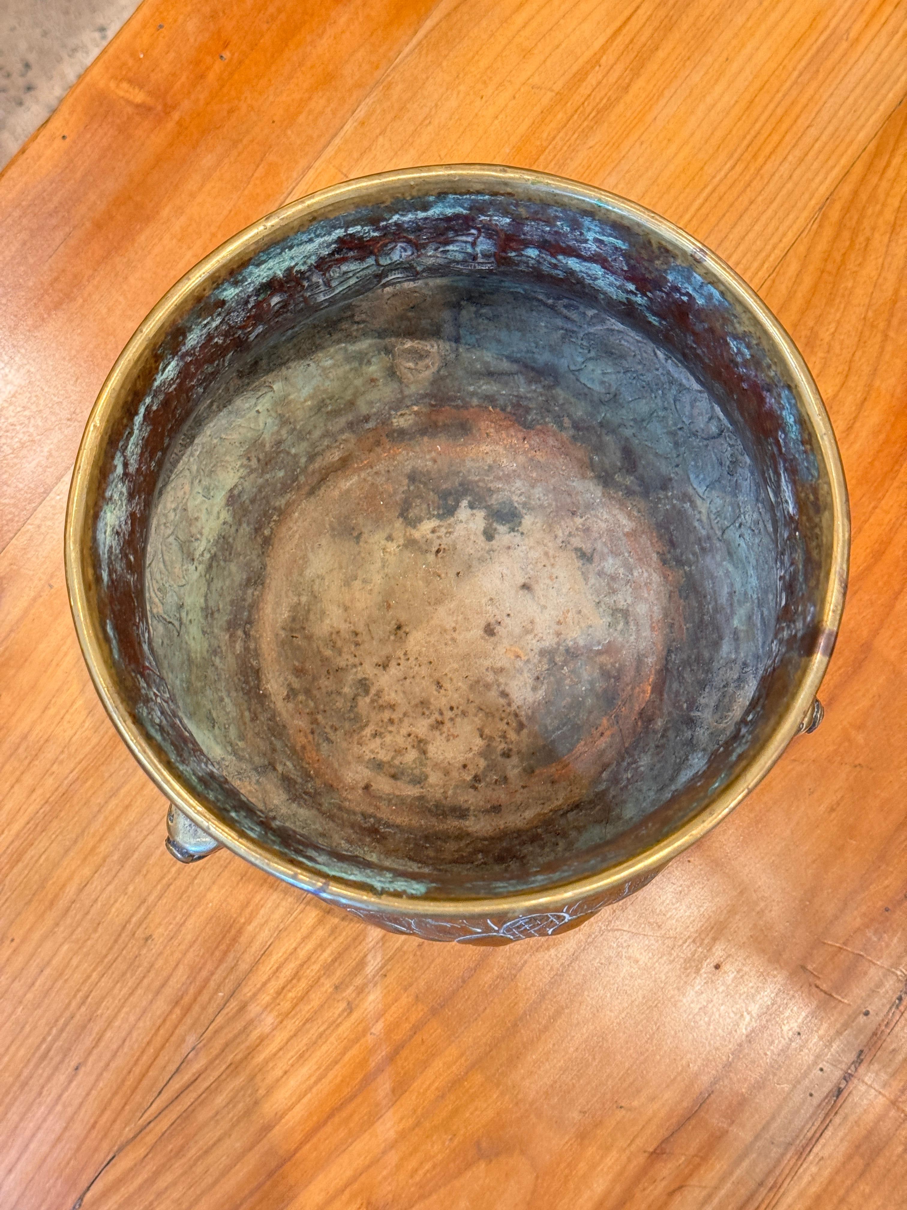 19th Century Small Footed Brass Planter With Bows and Fruit Motif For Sale