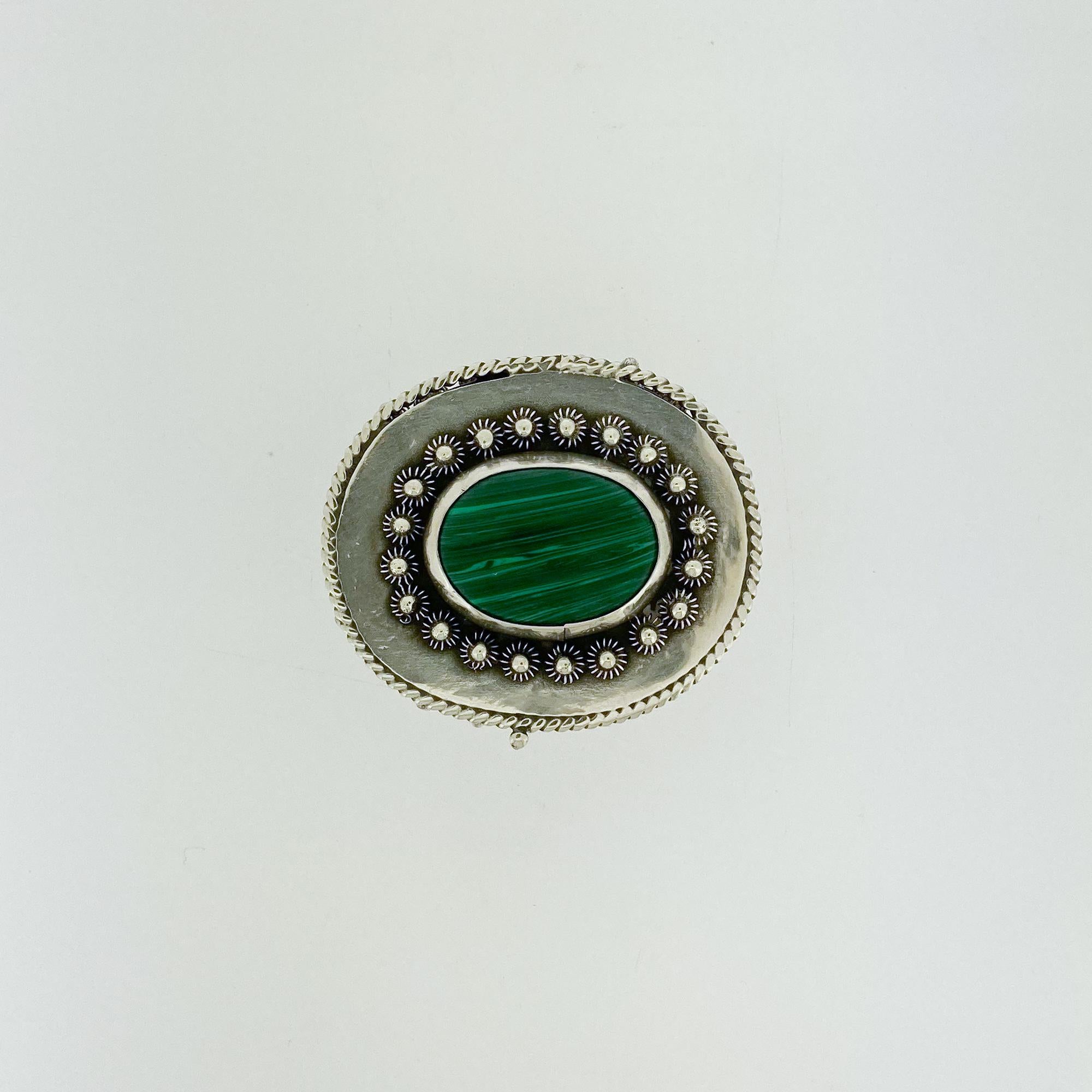 Small Footed Mexican Sterling Silver & Malachite Dresser or Table Box For Sale 3