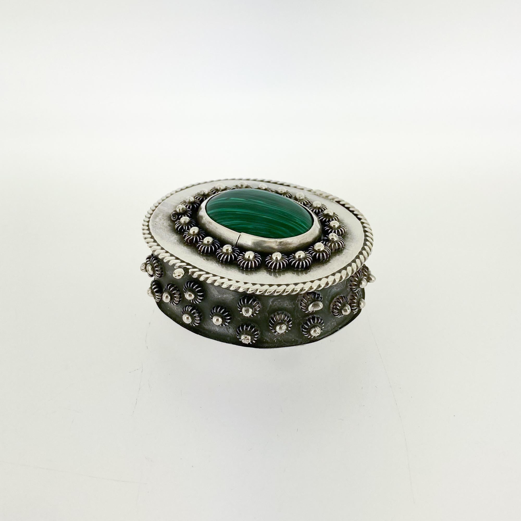 Modernist Small Footed Mexican Sterling Silver & Malachite Dresser or Table Box For Sale
