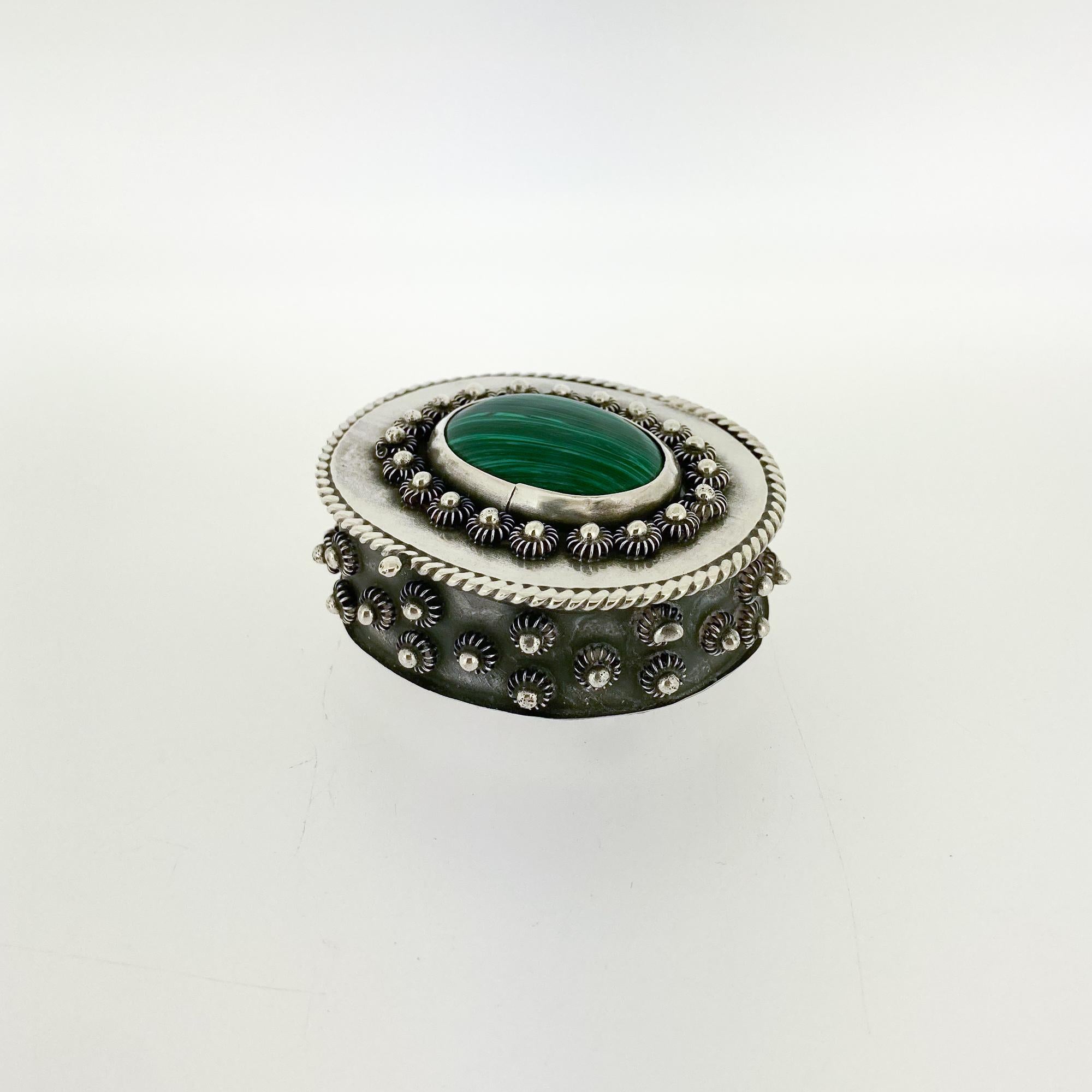 Cabochon Small Footed Mexican Sterling Silver & Malachite Dresser or Table Box For Sale