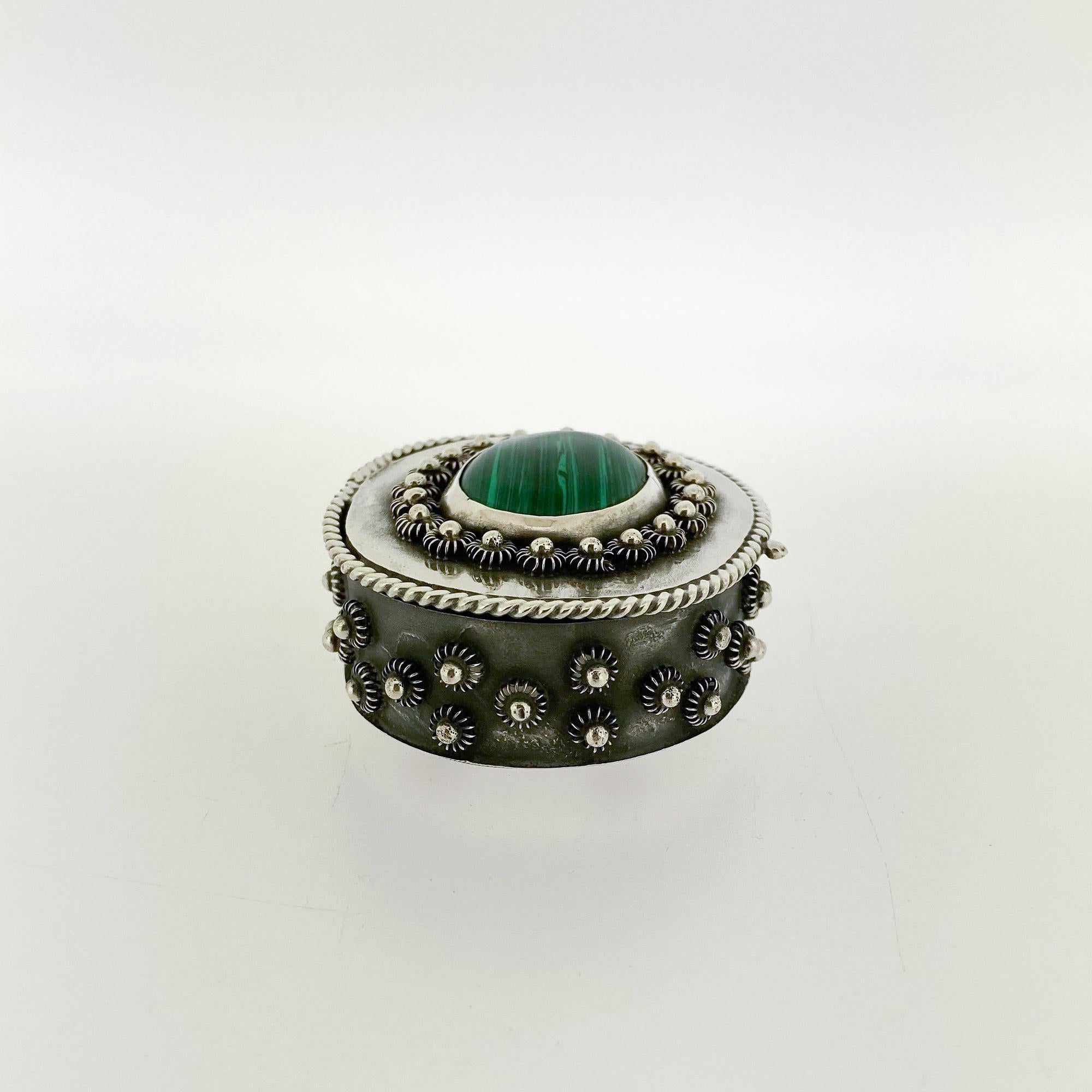 Women's or Men's Small Footed Mexican Sterling Silver & Malachite Dresser or Table Box For Sale