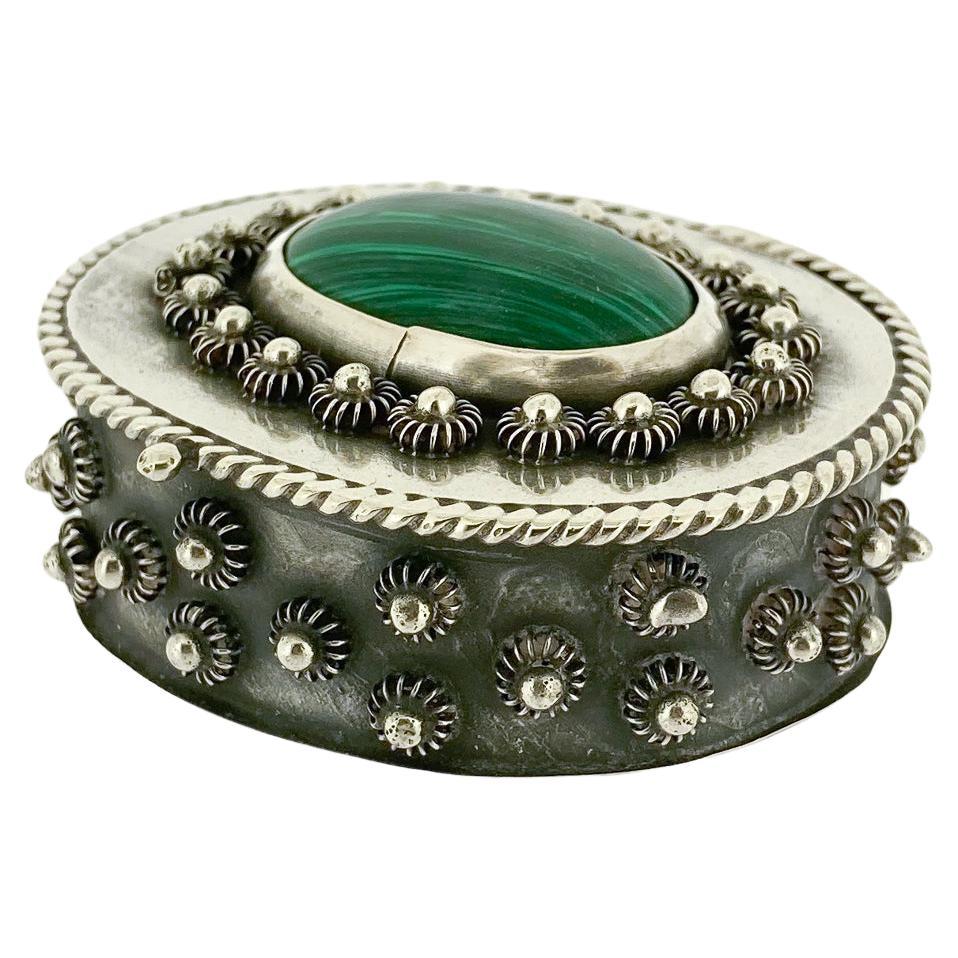 Small Footed Mexican Sterling Silver & Malachite Dresser or Table Box For Sale
