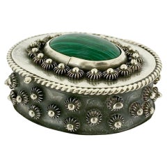 Antique Small Footed Mexican Sterling Silver & Malachite Dresser or Table Box