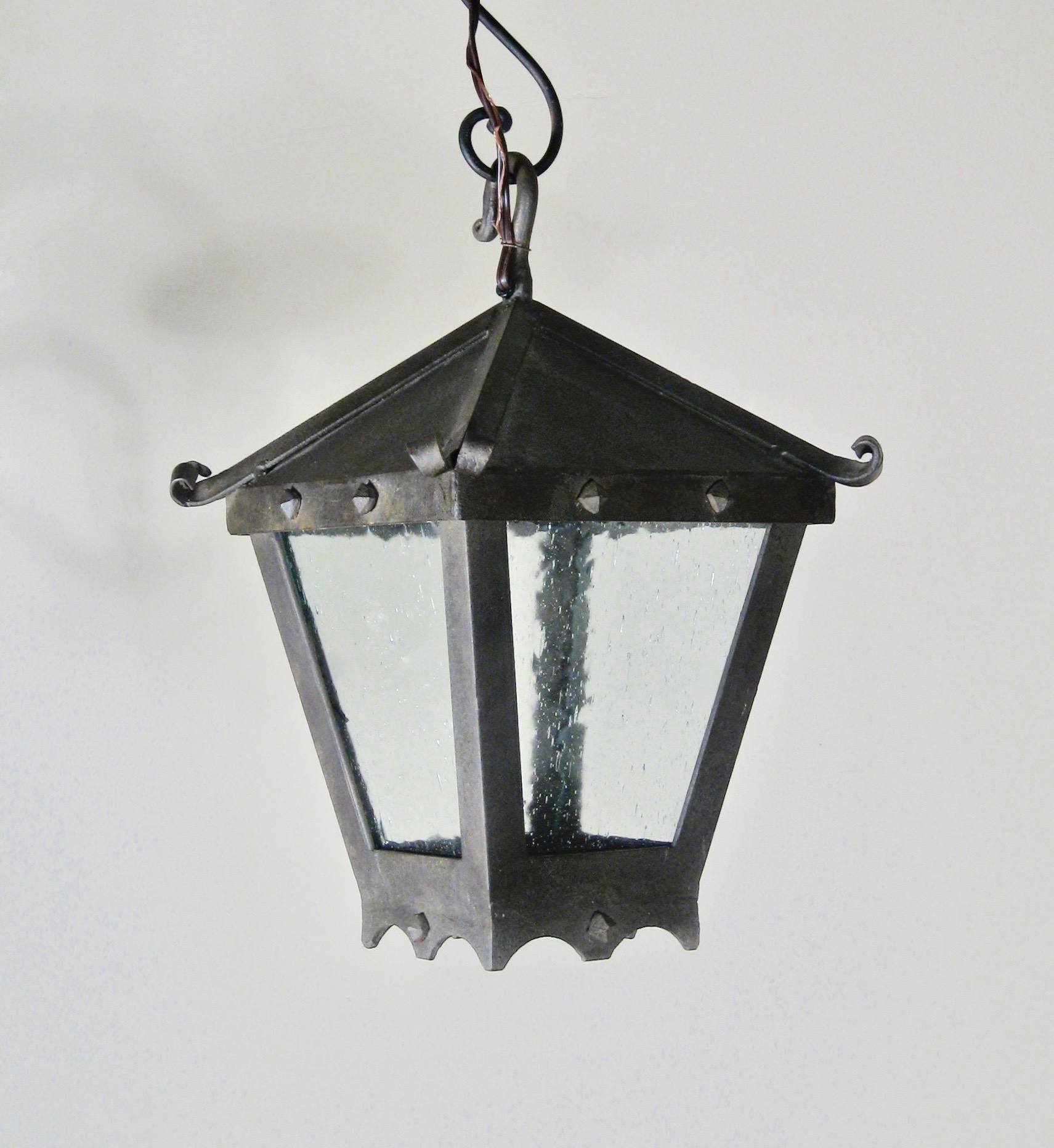 Small Forged Iron Hanging Lantern with Studs In New Condition In Encinitas, CA