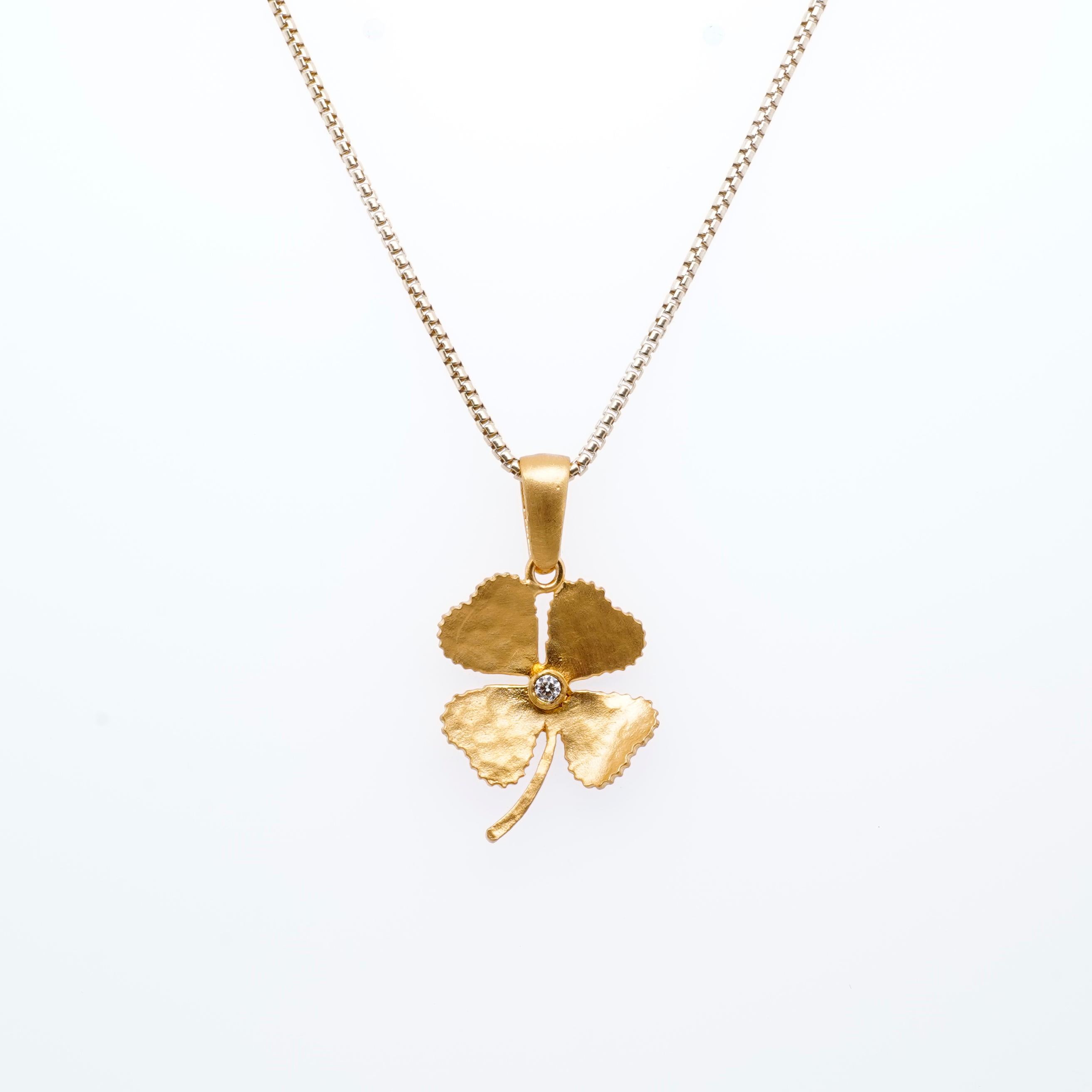 Round Cut Small, Four Leaf Clover Charm Pendant Necklace with Center Diamond, 24kt Gold For Sale