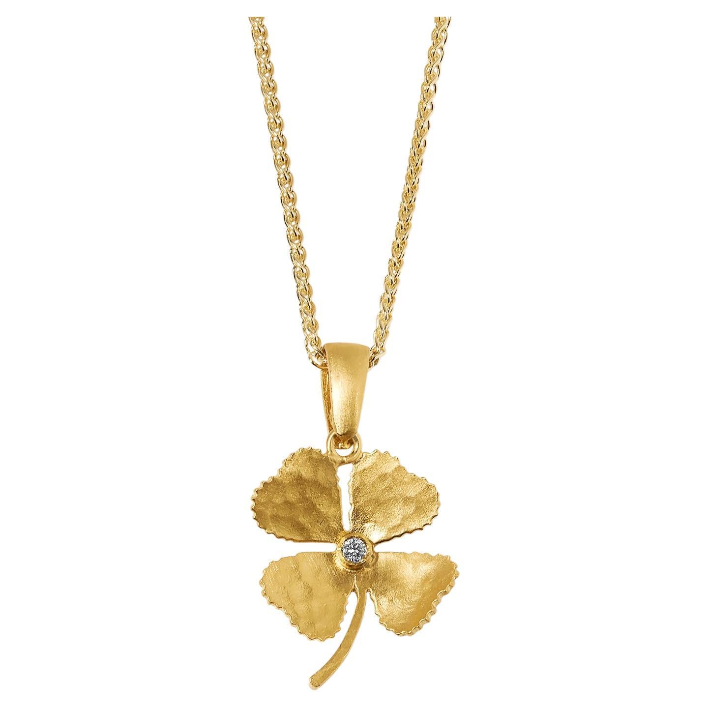 Small, Four Leaf Clover Charm Pendant Necklace with Center Diamond, 24kt Gold For Sale