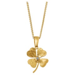 Small, Four Leaf Clover Charm Pendant Necklace with Center Diamond, 24kt Gold