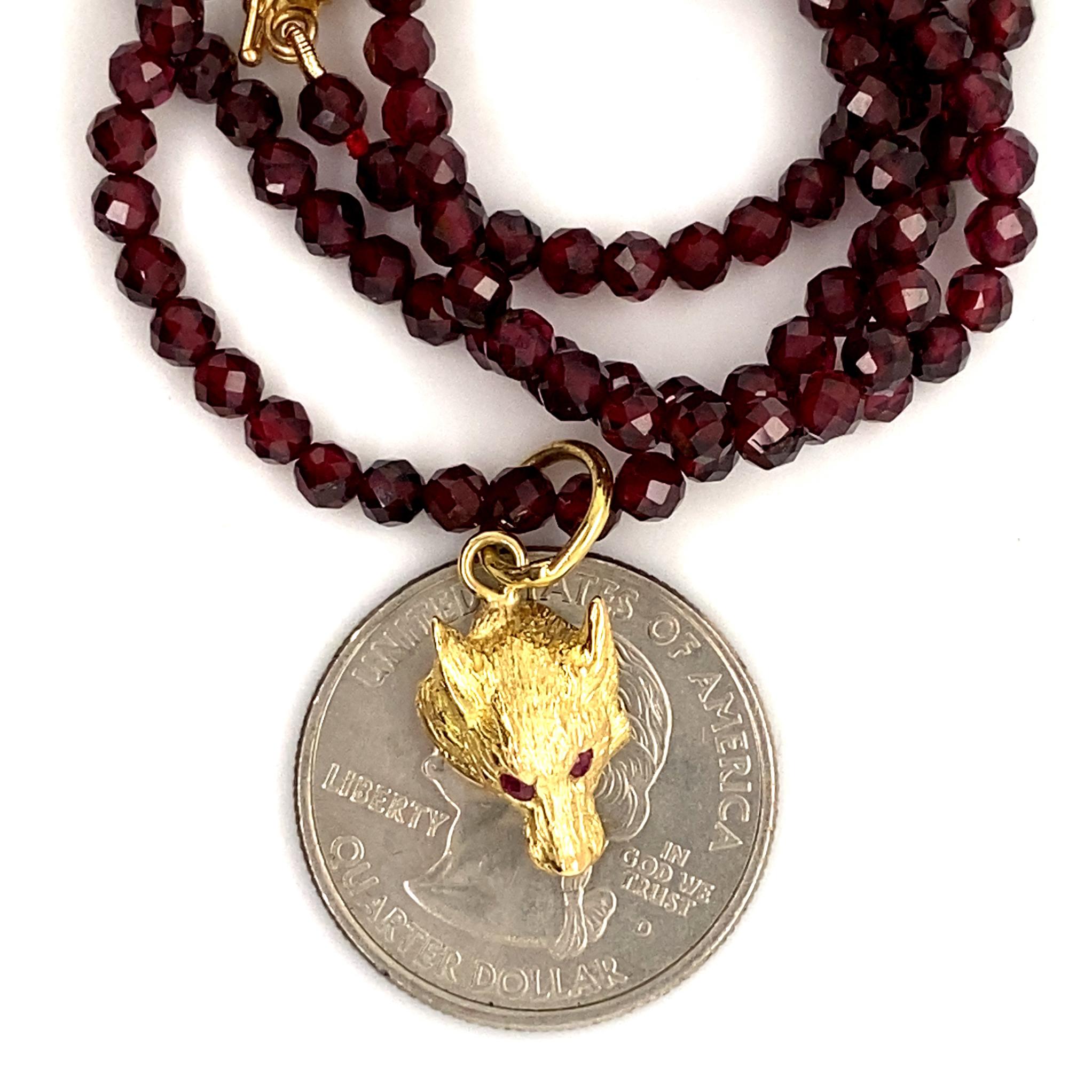 Small Fox or Wolf Pendant with Ruby Eyes in 18K Gold on Faceted Garnet Chain 3