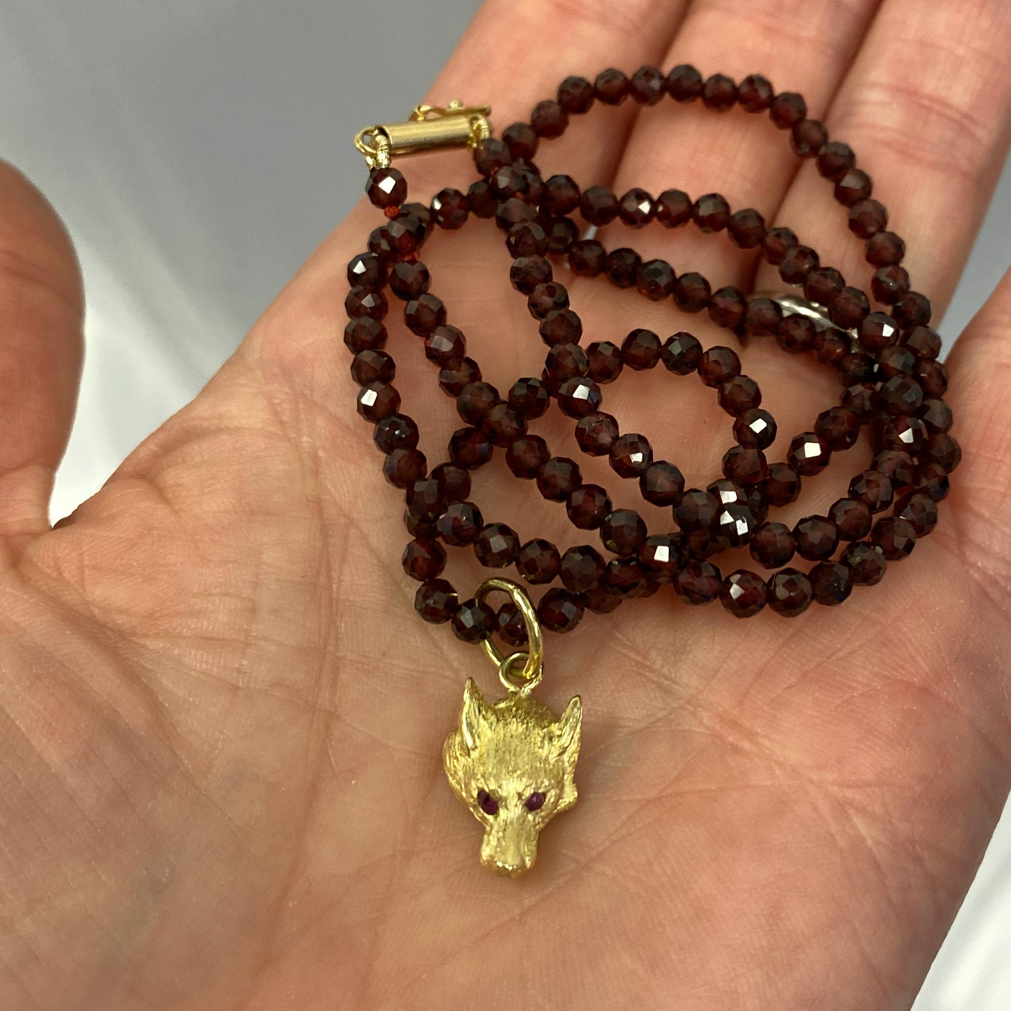 Small Fox or Wolf Pendant with Ruby Eyes in 18K Gold on Faceted Garnet Chain 4