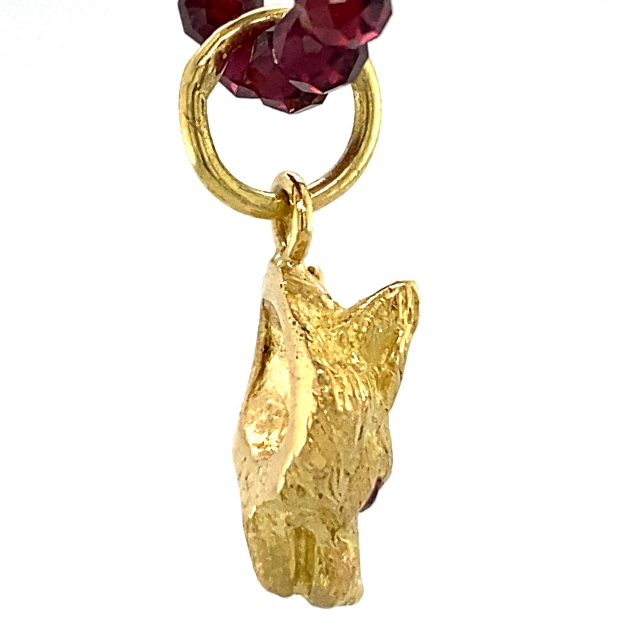 Small Fox or Wolf Pendant with Ruby Eyes in 18K Gold on Faceted Garnet Chain 5