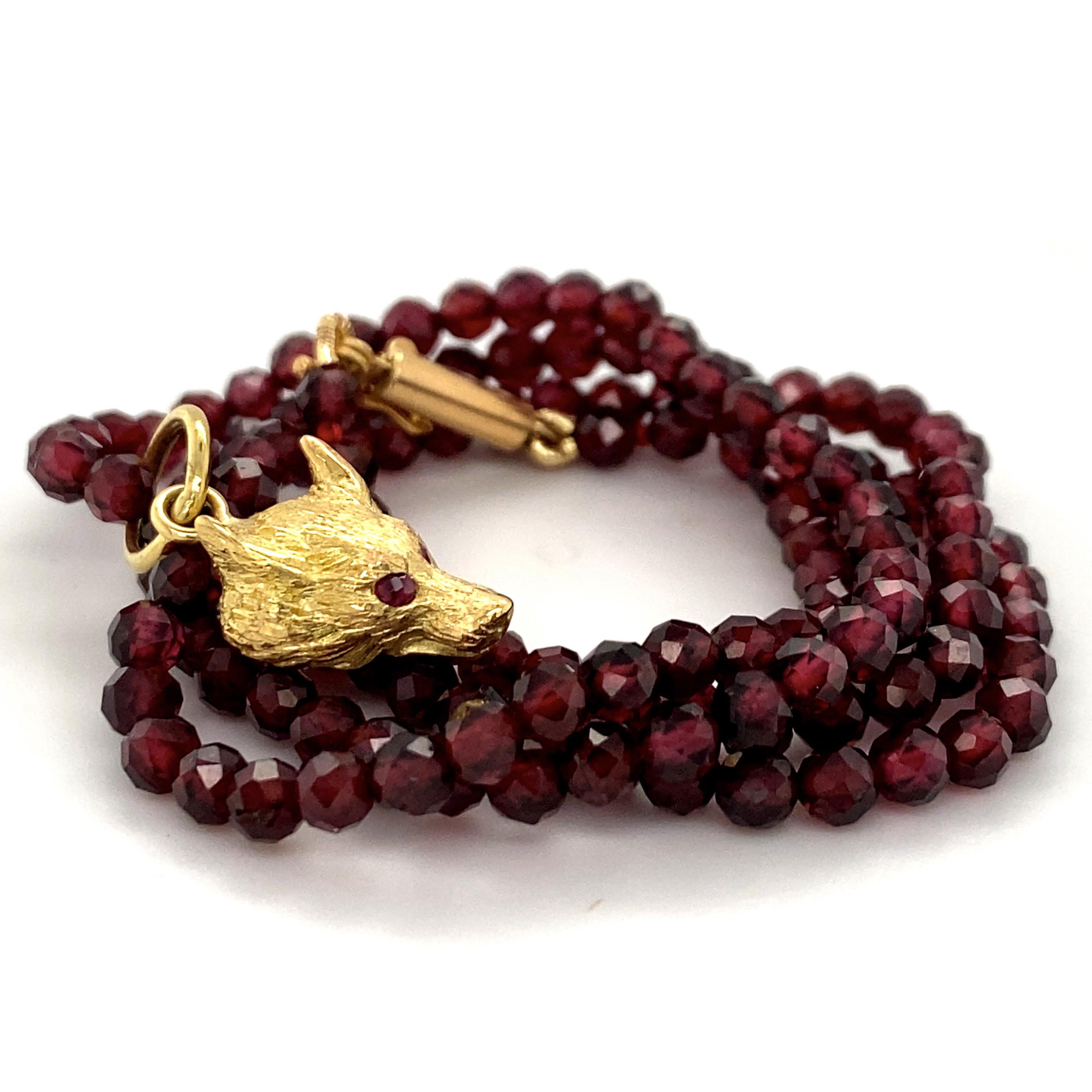 Bead Small Fox or Wolf Pendant with Ruby Eyes in 18K Gold on Faceted Garnet Chain