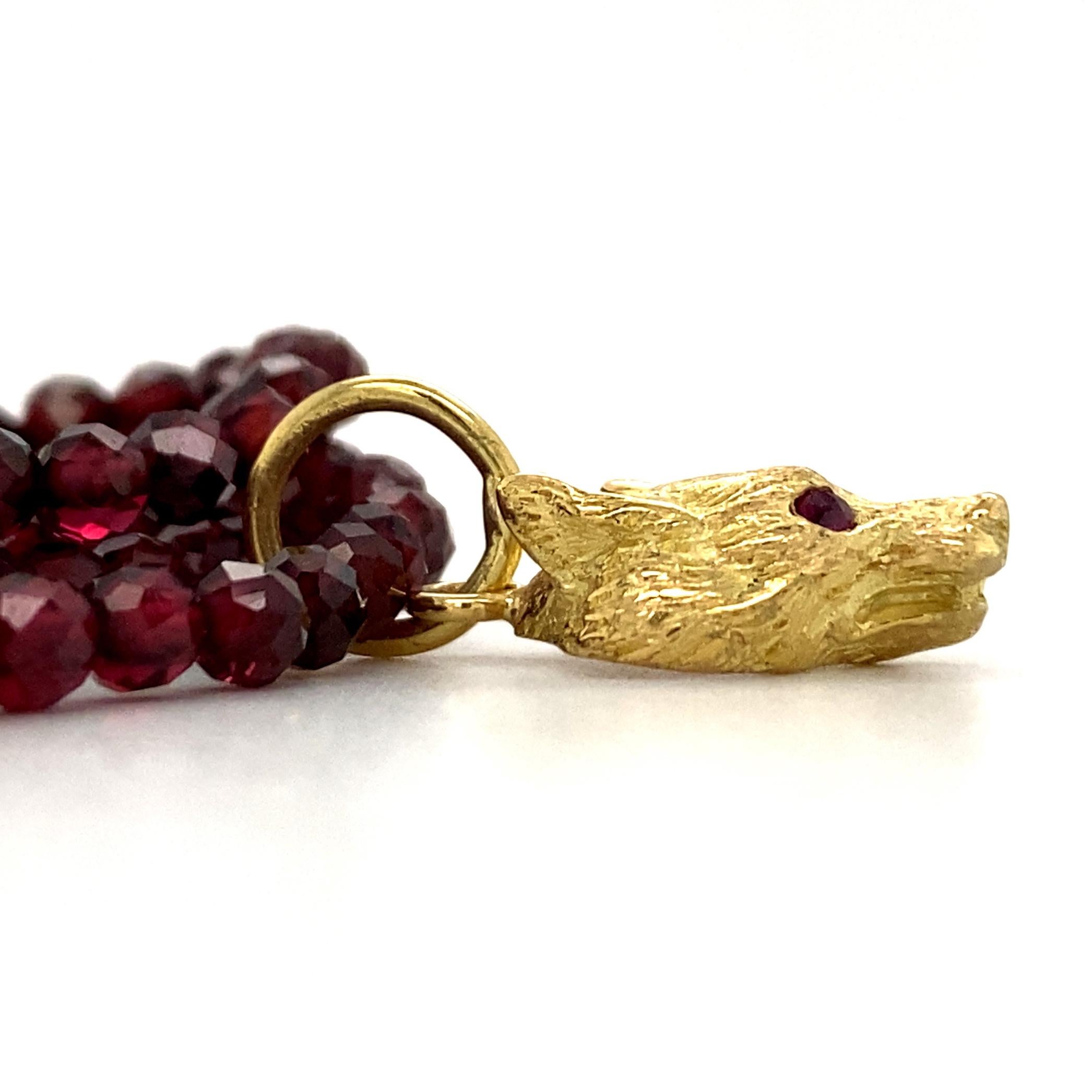 Small Fox or Wolf Pendant with Ruby Eyes in 18K Gold on Faceted Garnet Chain In Excellent Condition In Sherman Oaks, CA
