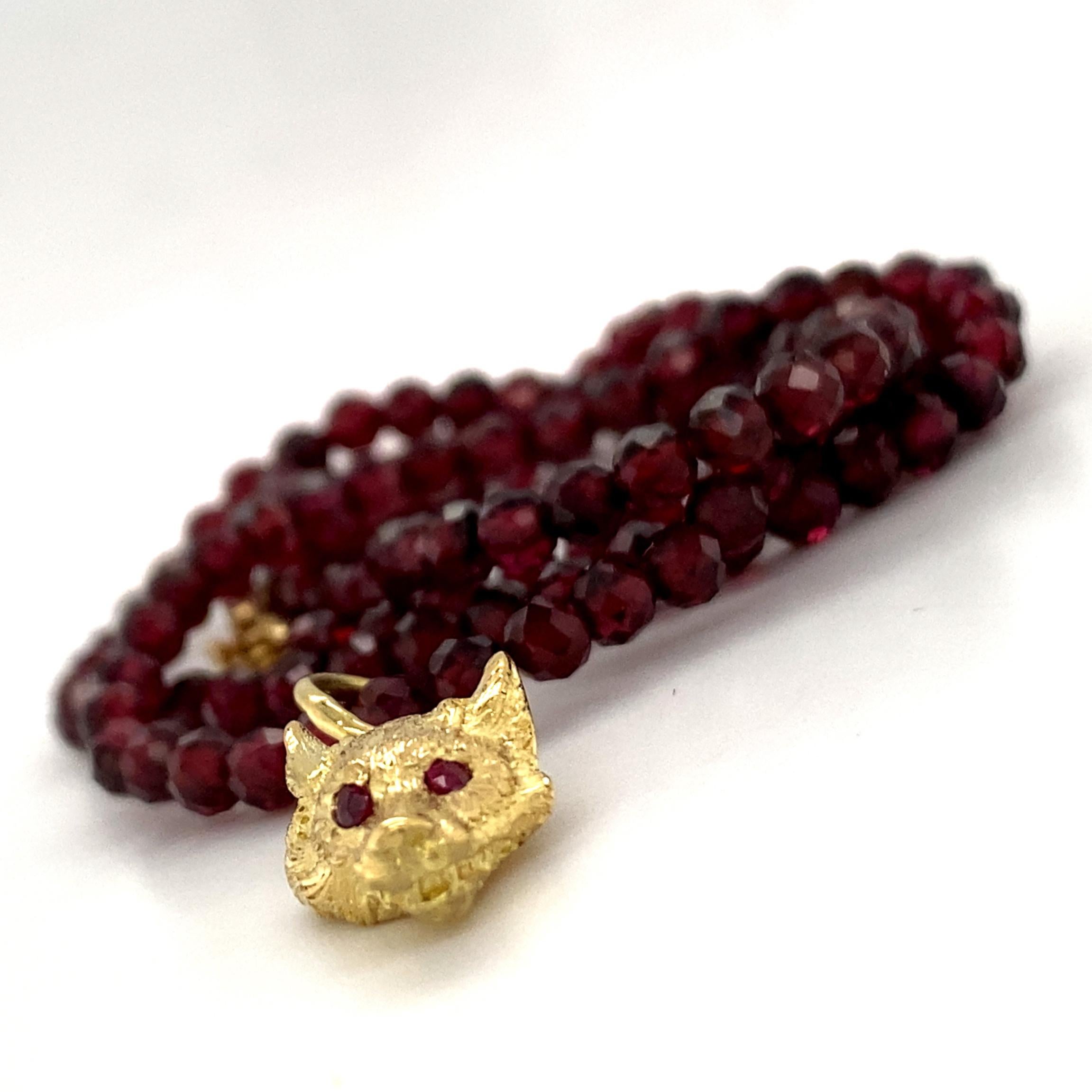 Women's or Men's Small Fox or Wolf Pendant with Ruby Eyes in 18K Gold on Faceted Garnet Chain
