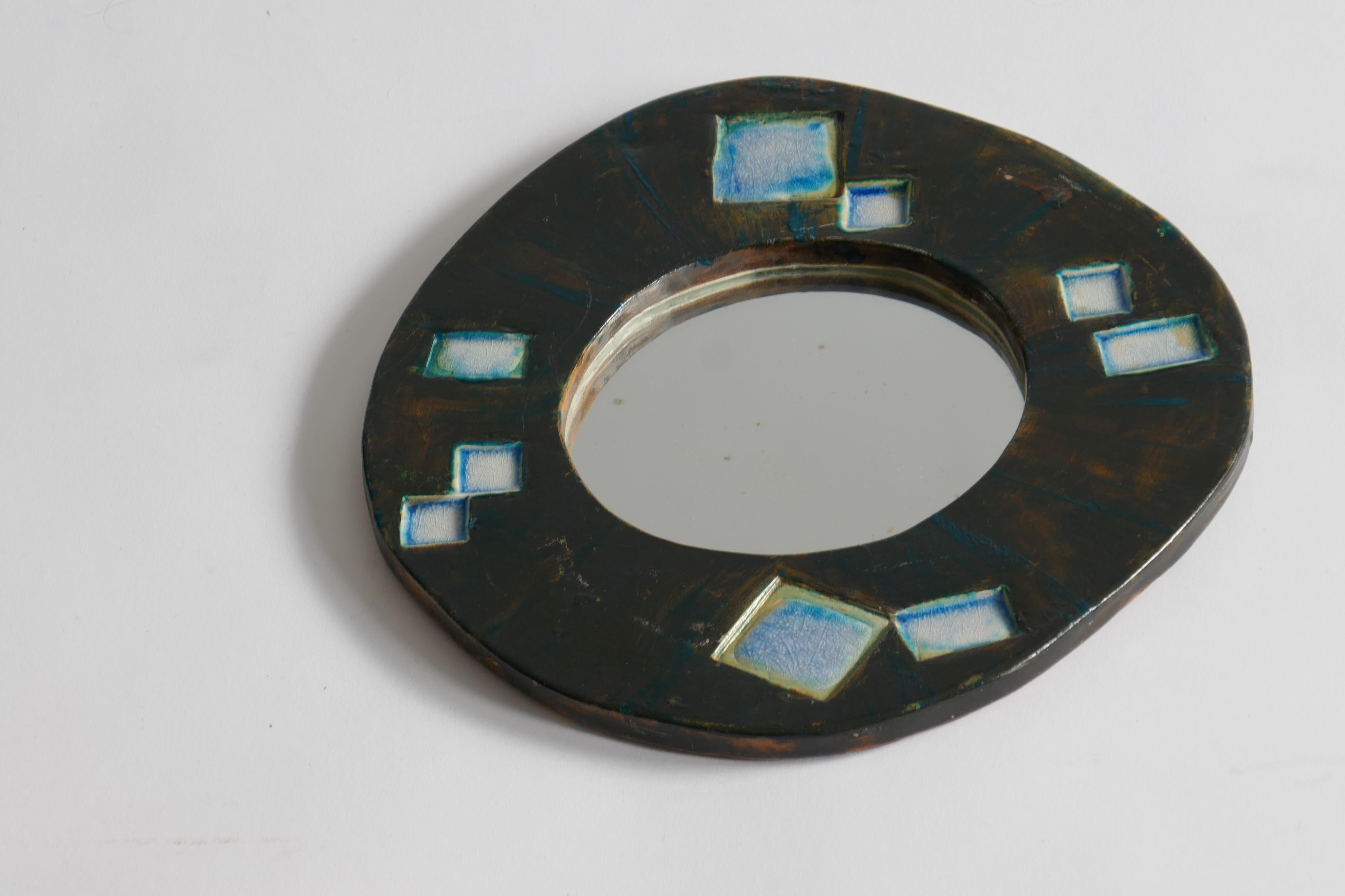 French Small Free Shape Ceramic Frame Mirror, France, 1960s